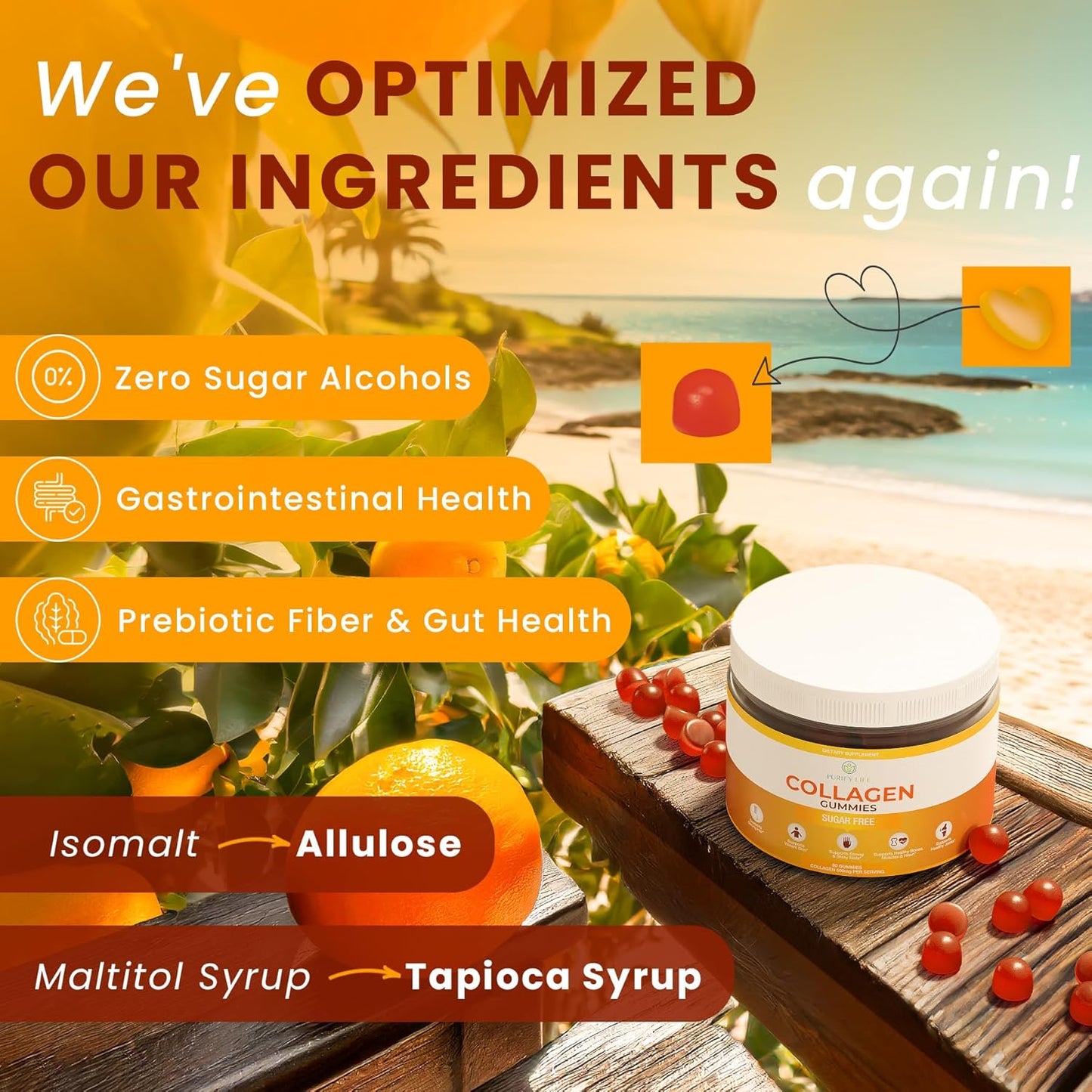 90 Potent 500mg Sugar-Free Marine Collagen Gummies for Hair, Skin, Nails - Orange Flavor, Gluten Free & Non-GMO