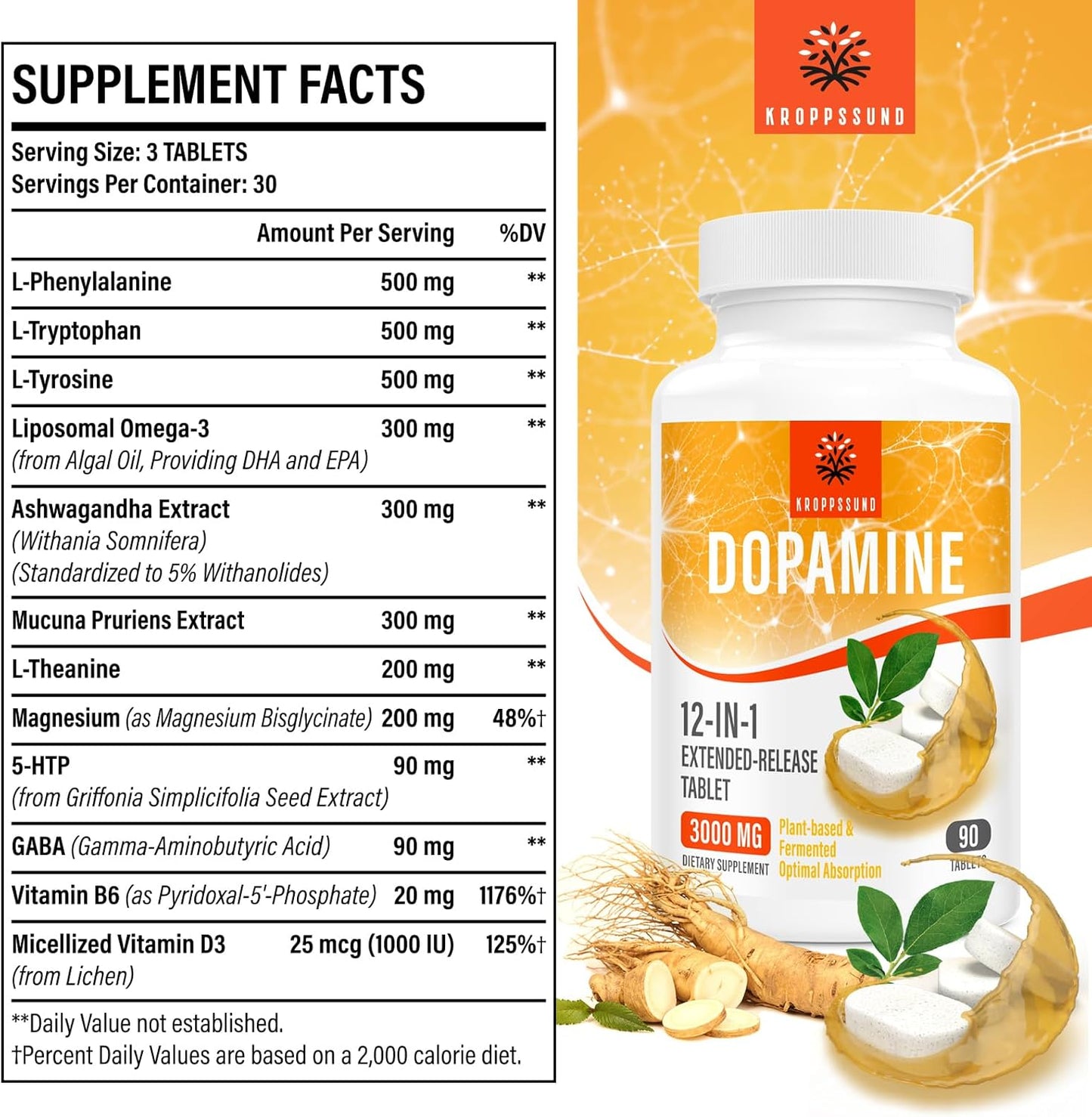 90 Tablets of Kroppssund Natural Dopamine Supplement for Improved Mood and Focus