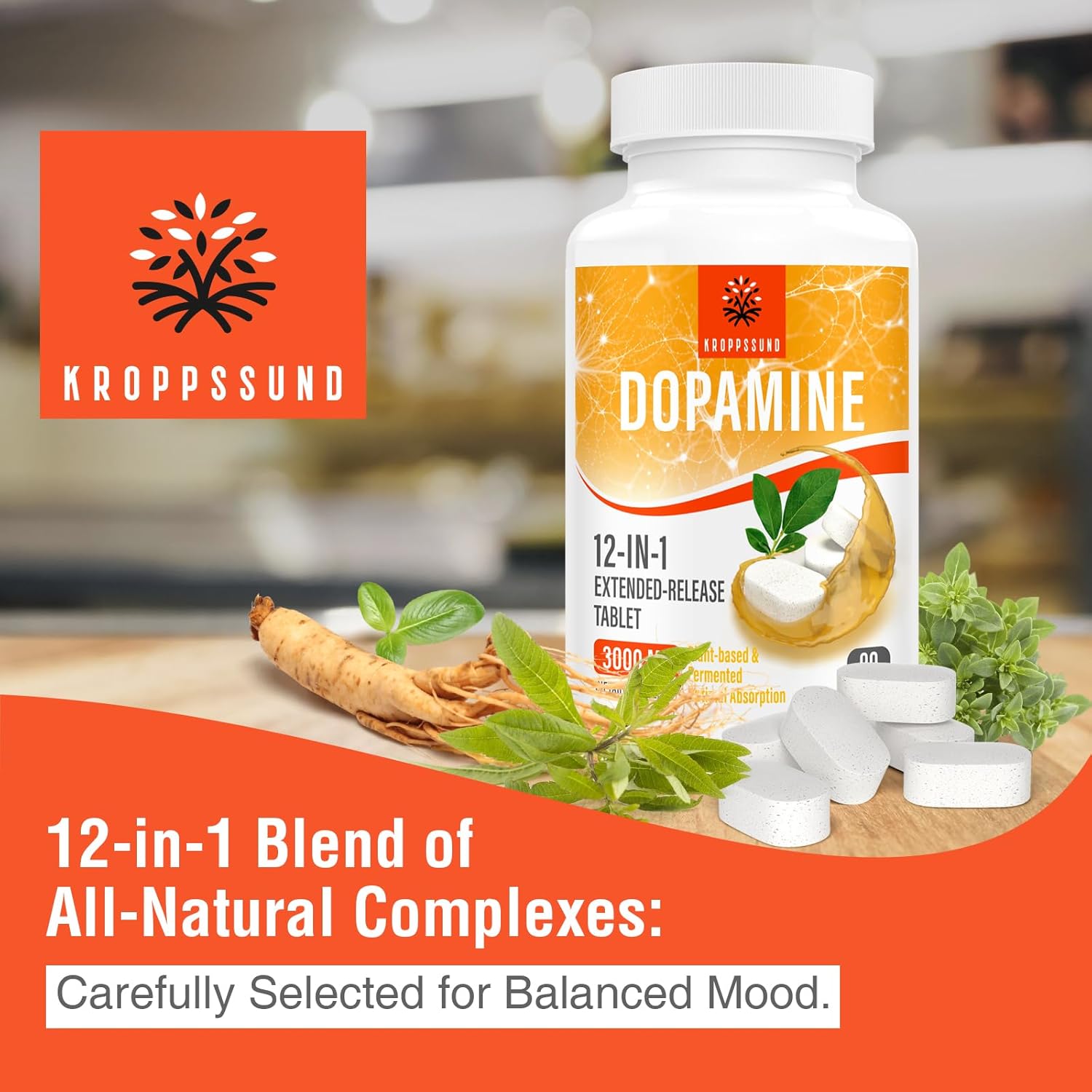 90 Tablets of Kroppssund Natural Dopamine Supplement for Improved Mood and Focus