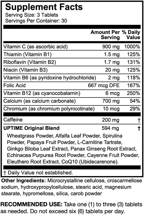 90 UPTIME Caffeine Pills with Natural Ingredients - 200mg per Serving - Energy Tablets with Vitamin C, CoQ10, and Ginseng - Zero Calories