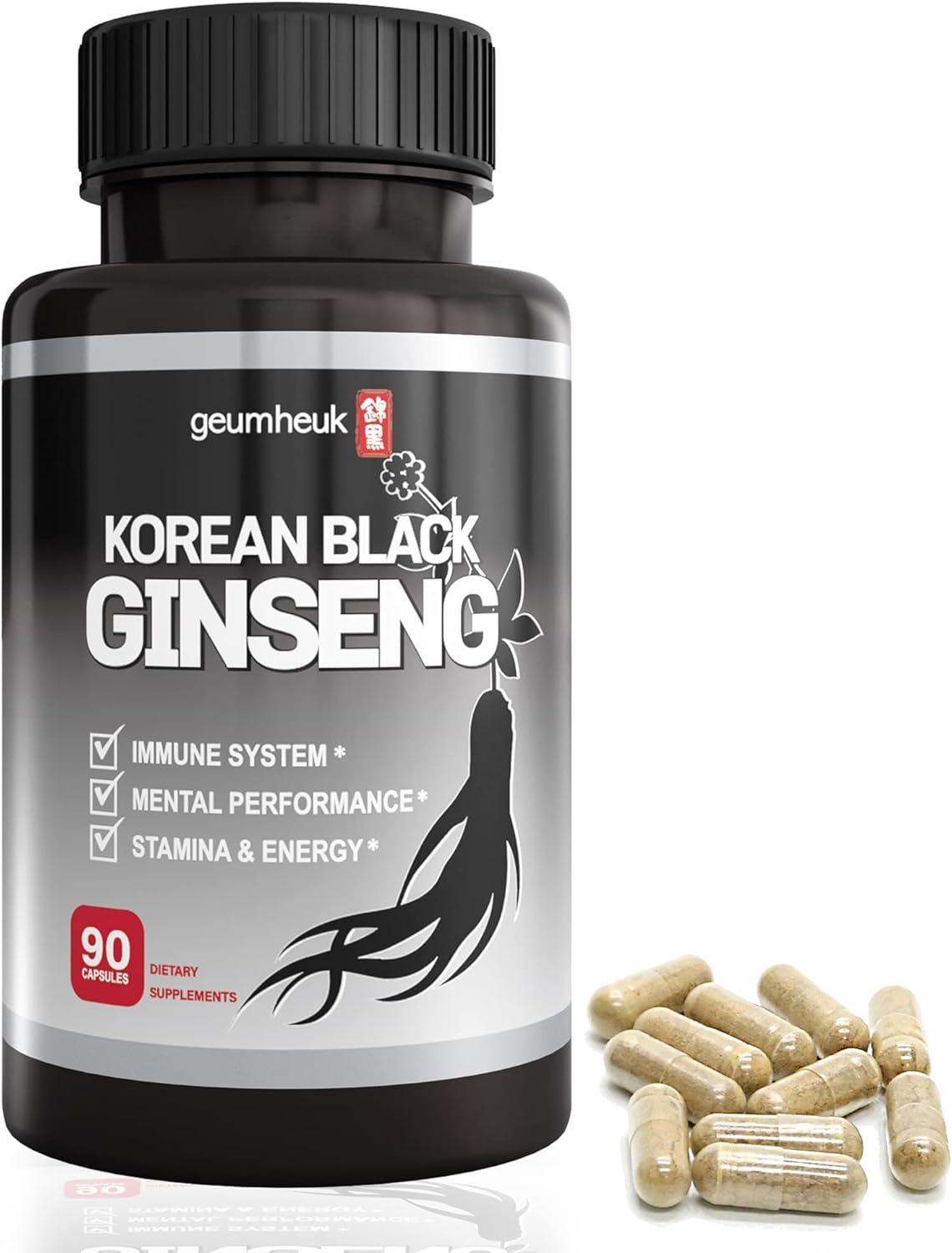 90 Vegan Capsules of 1000mg GeumHeuk Korean Black Panax Ginseng - Non GMO with High Ginsenosides for Immunity, Mental Performance, Stamina, and Energy Boost for Men and Women
