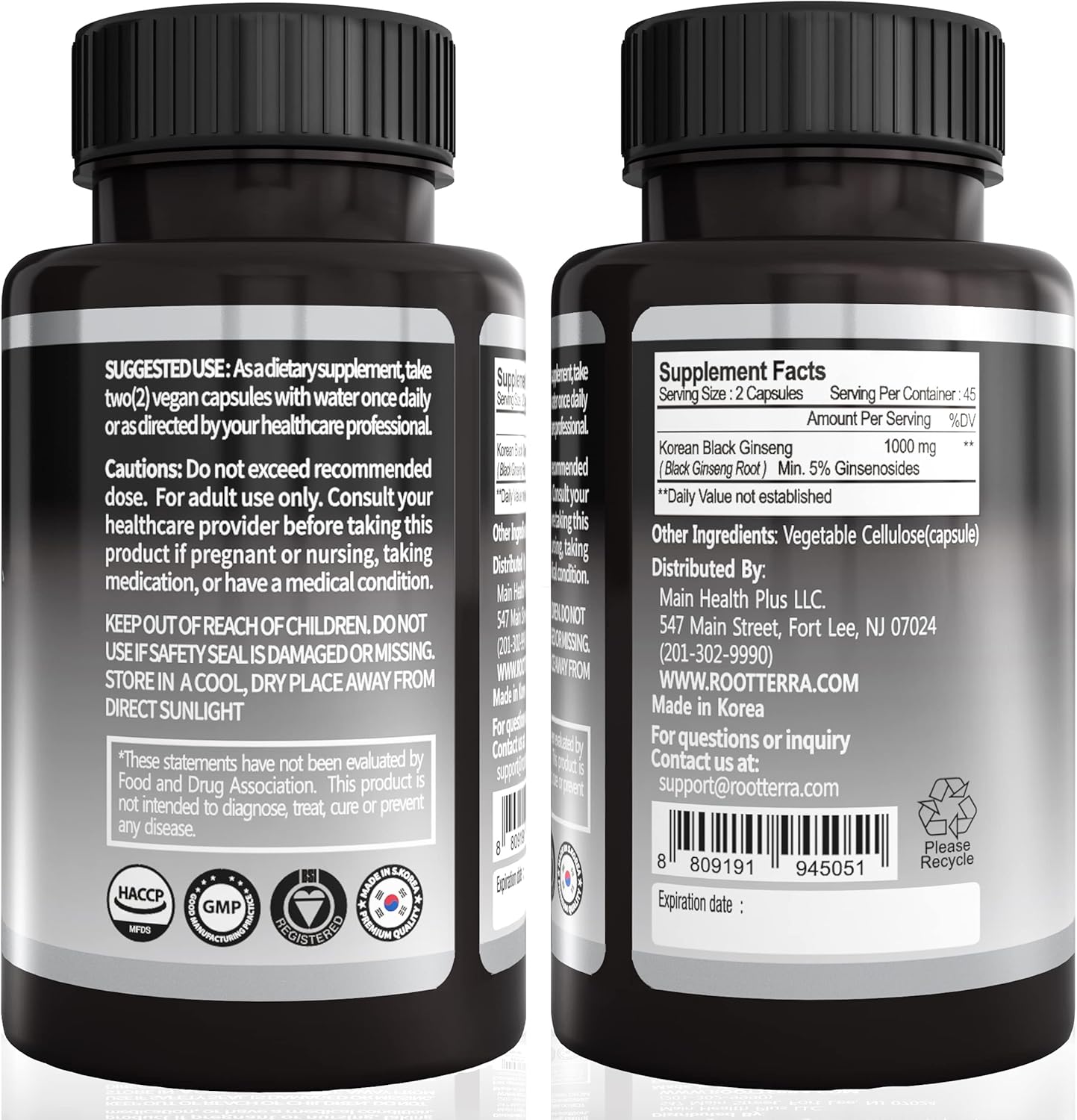 90 Vegan Capsules of 1000mg GeumHeuk Korean Black Panax Ginseng - Non GMO with High Ginsenosides for Immunity, Mental Performance, Stamina, and Energy Boost for Men and Women