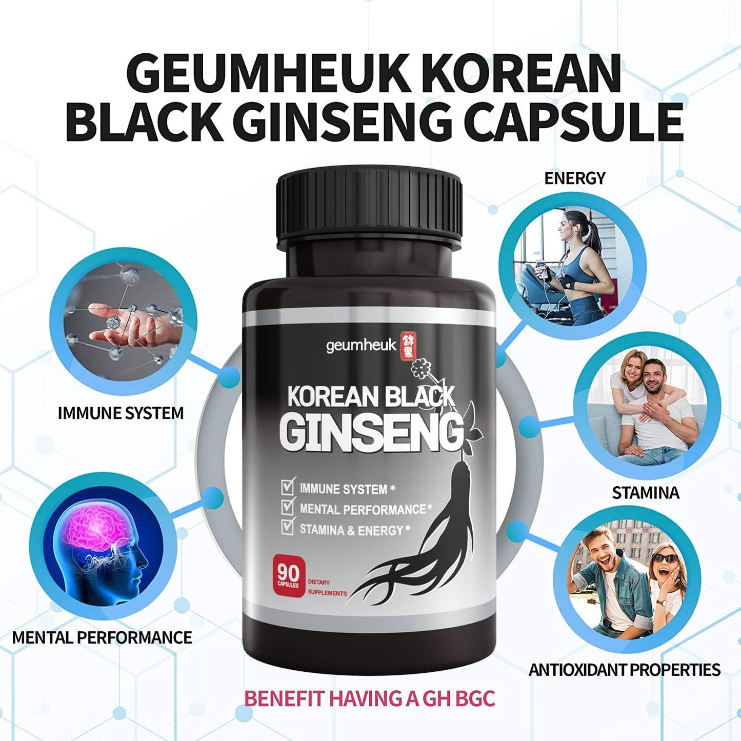 90 Vegan Capsules of 1000mg GeumHeuk Korean Black Panax Ginseng - Non GMO with High Ginsenosides for Immunity, Mental Performance, Stamina, and Energy Boost for Men and Women