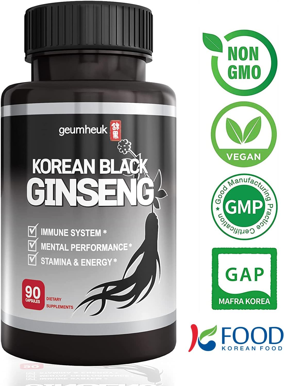 90 Vegan Capsules of 1000mg GeumHeuk Korean Black Panax Ginseng - Non GMO with High Ginsenosides for Immunity, Mental Performance, Stamina, and Energy Boost for Men and Women