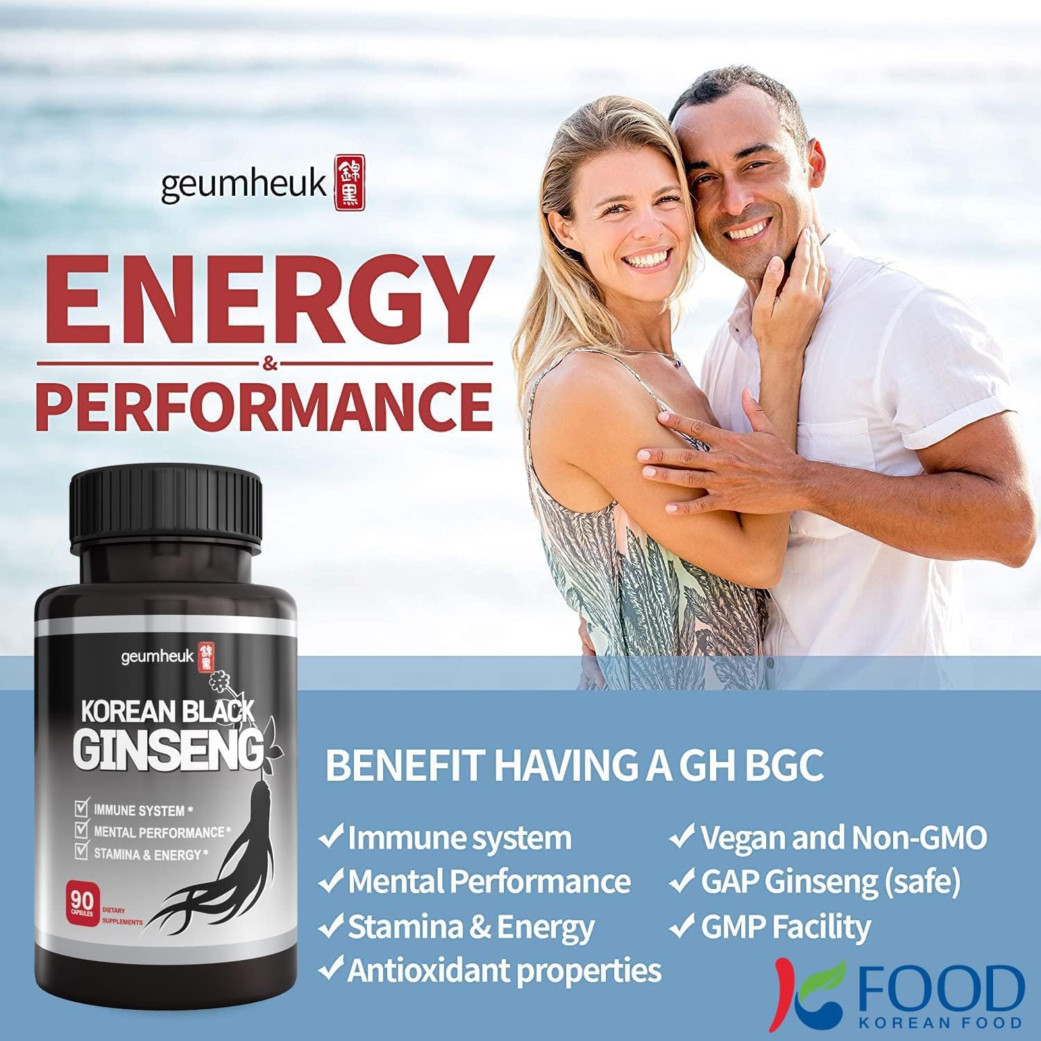 90 Vegan Capsules of 1000mg GeumHeuk Korean Black Panax Ginseng - Non GMO with High Ginsenosides for Immunity, Mental Performance, Stamina, and Energy Boost for Men and Women