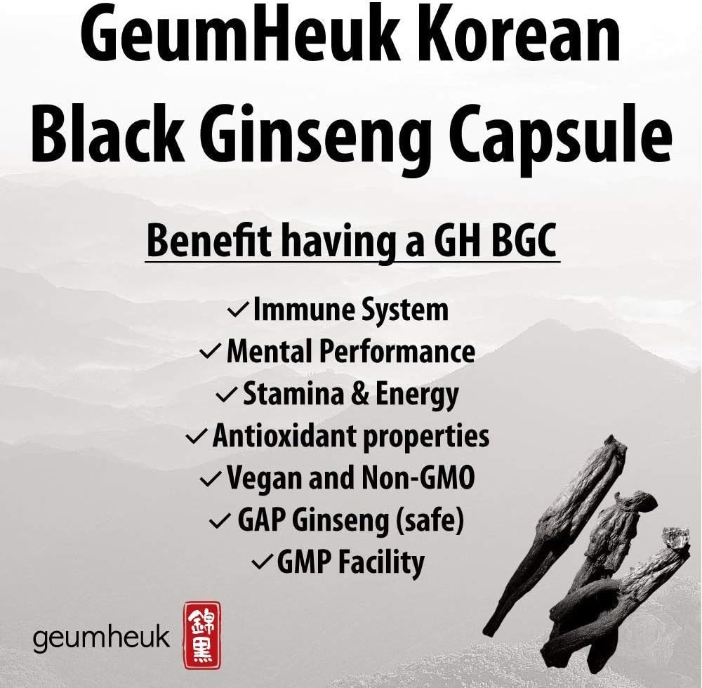90 Vegan Capsules of 1000mg GeumHeuk Korean Black Panax Ginseng - Non GMO with High Ginsenosides for Immunity, Mental Performance, Stamina, and Energy Boost for Men and Women