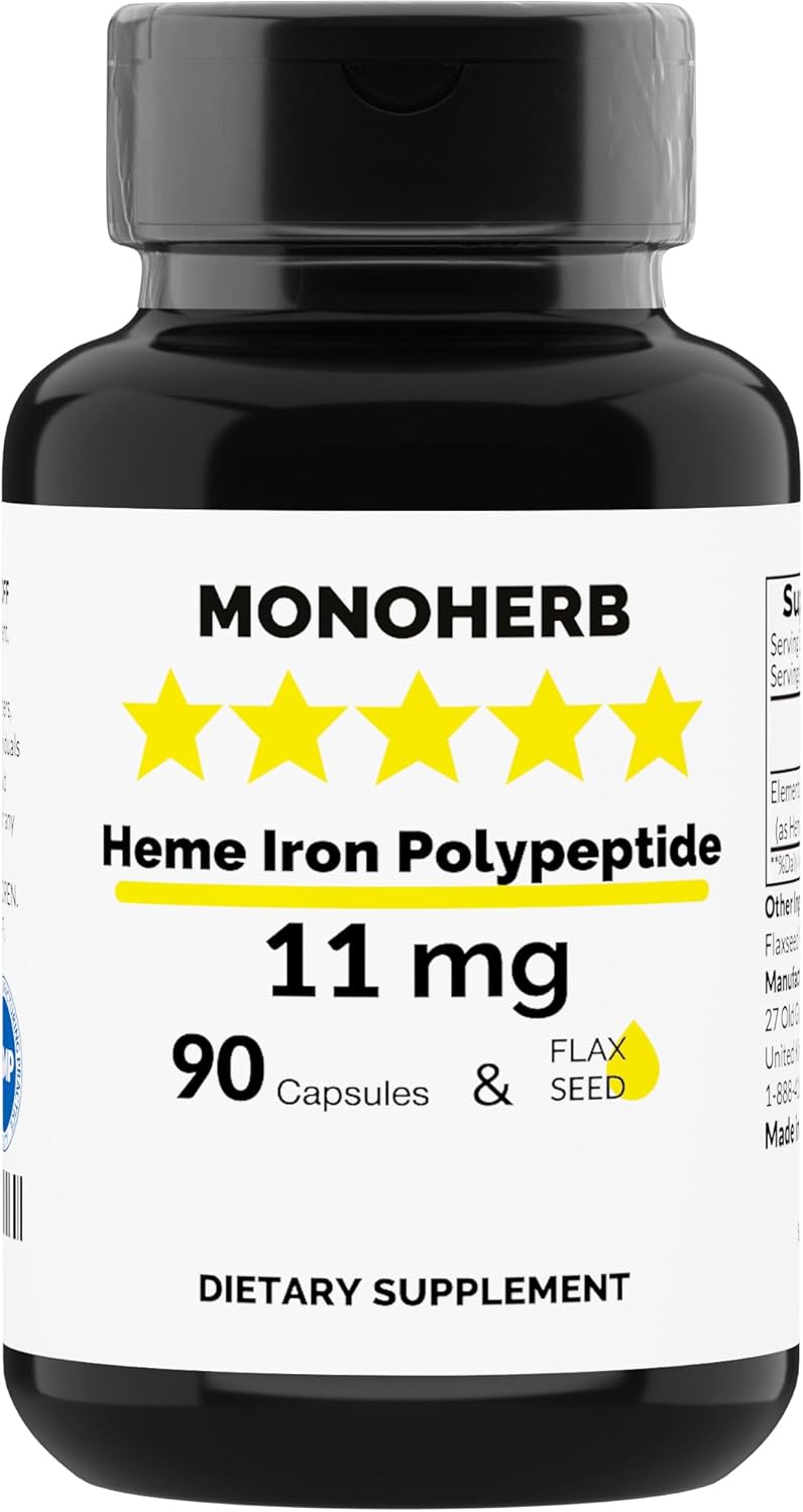 90 Vegetarian Capsules of MONOHERB Heme Iron Polypeptide 11 mg - Iron Supplement Complex for Enhanced Absorption