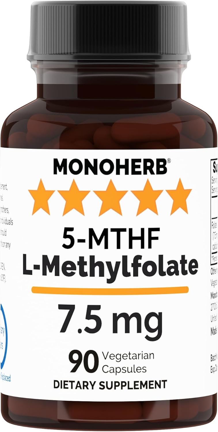 90 Vegetarian Capsules of MONOHERB L-Methylfolate 7.5 mg - Methyl Folate Supplement