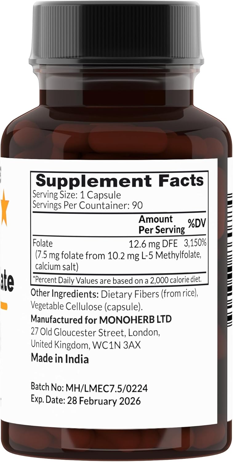 90 Vegetarian Capsules of MONOHERB L-Methylfolate 7.5 mg - Methyl Folate Supplement