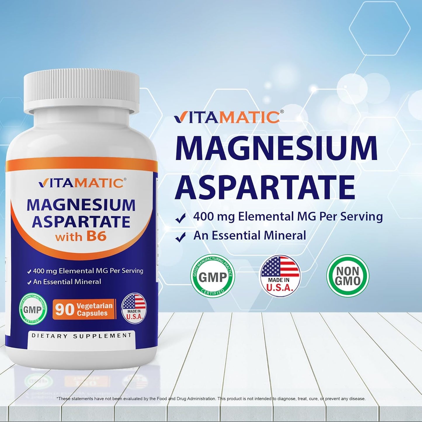90 Vegetarian Capsules of Vitamatic Magnesium Aspartate with B6 for Enhanced Absorption - Supports Muscle, Joint, and Heart Health - 400mg per Serving
