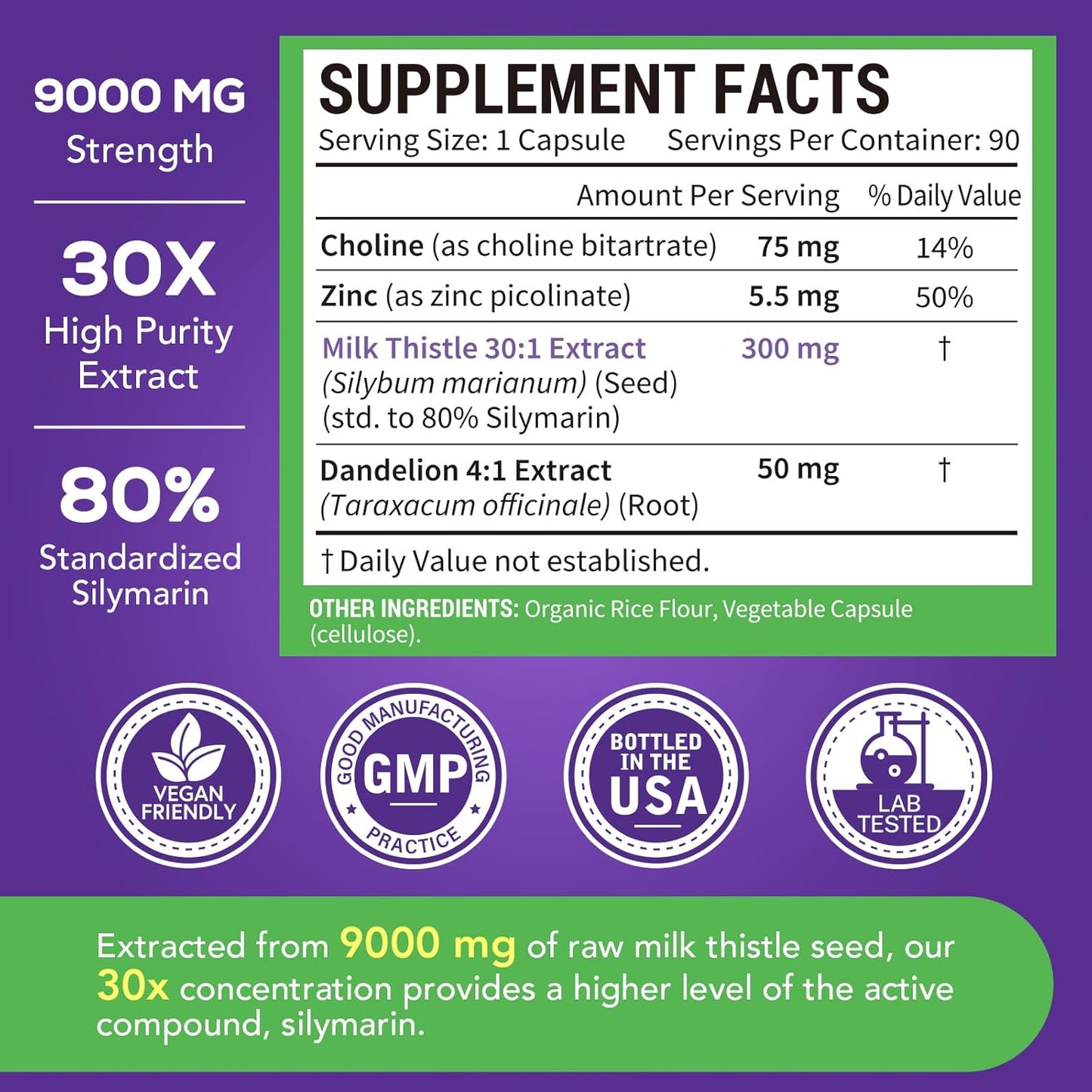 9000mg Milk Thistle Complex with Dandelion, Choline, Zinc - Liver Support Supplement, 90 Veggie Capsules, Non-GMO - 3 Month Supply