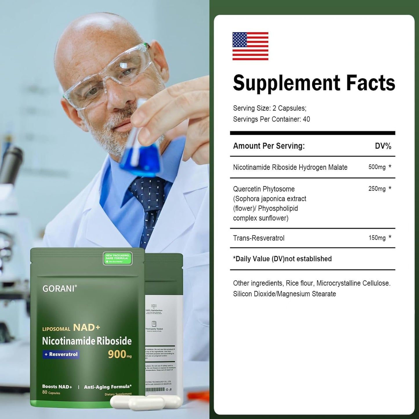 900MG Gorani NAD+ Supplement with Nicotinamide Riboside, Resveratrol, Quercetin - Boosts Energy & Antioxidant Defense - 80 Capsules