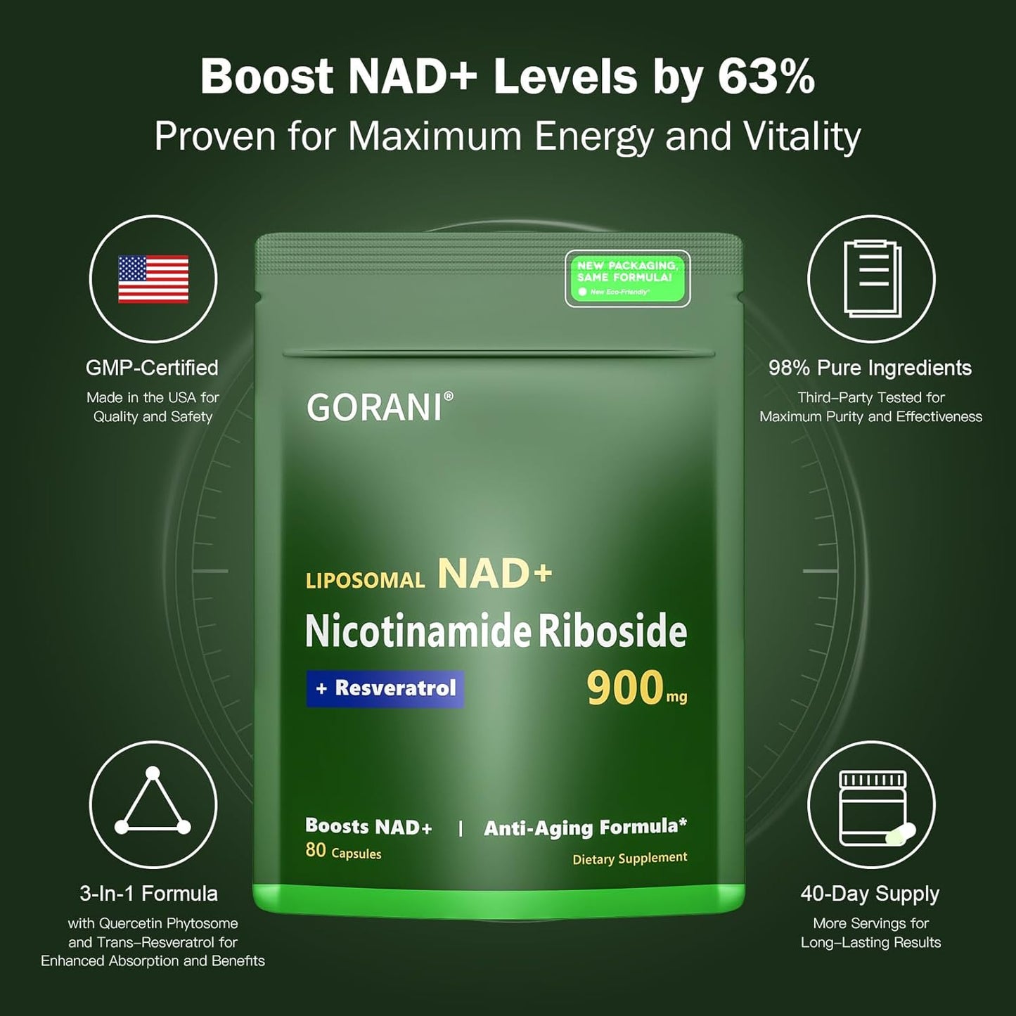 900MG Gorani NAD+ Supplement with Nicotinamide Riboside, Liposomal Resveratrol, and Quercetin - Enhanced MNM Resveratrol Formula for Vitality & Cognitive Function (3-Pack)