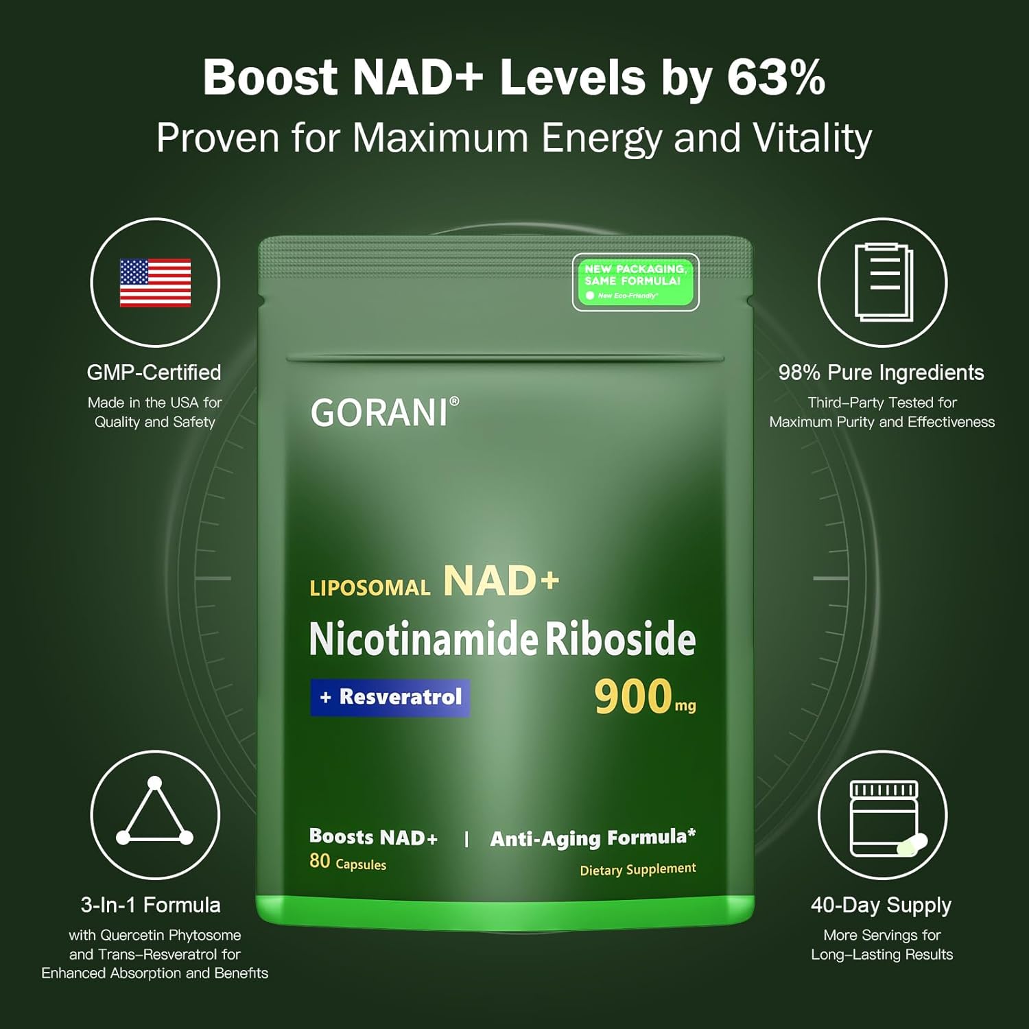 900MG Gorani NAD+ Supplement with Nicotinamide Riboside, Liposomal Resveratrol, and Quercetin - Enhanced MNM Resveratrol Formula for Vitality & Cognitive Function (3-Pack)