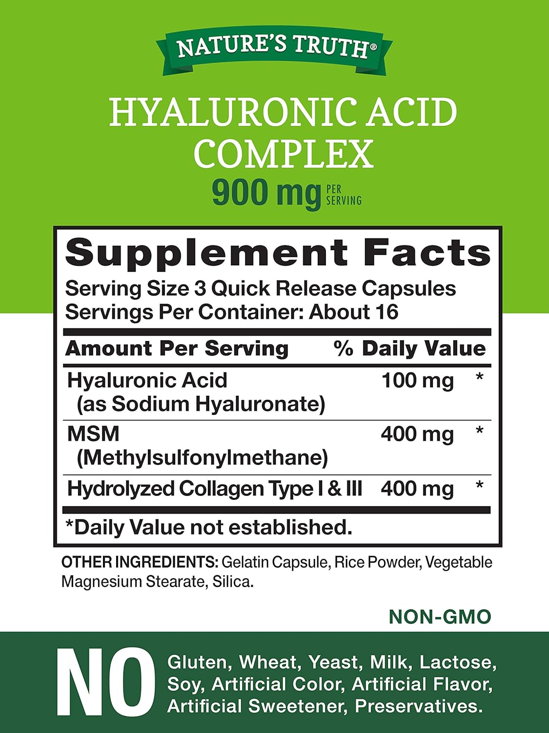 900mg Hyaluronic Acid with Collagen & MSM Capsules - Non-GMO & Gluten Free Supplement