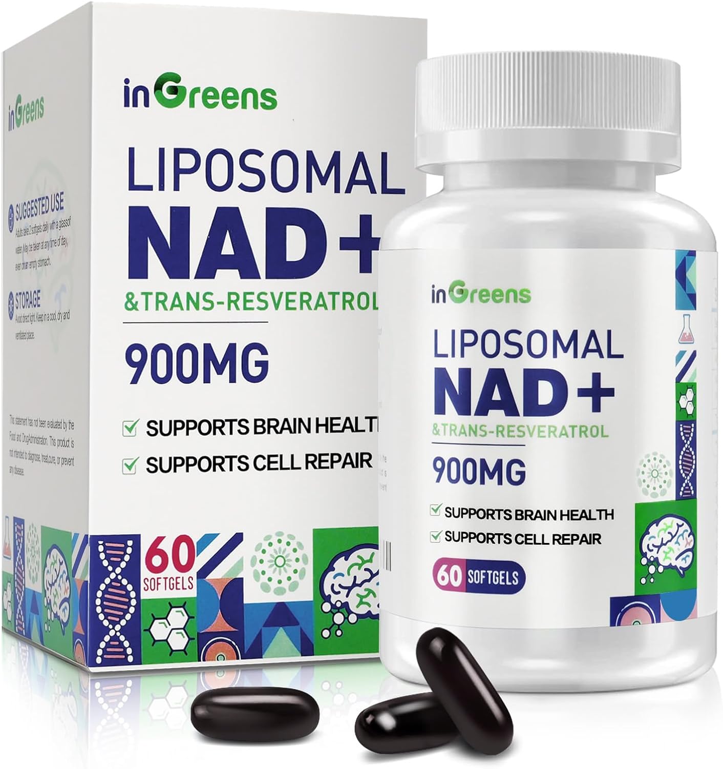 900mg Liposomal NAD+ Supplement with 300mg Trans Resveratrol - DNA Repair, Energy, Longevity - 60 Softgels