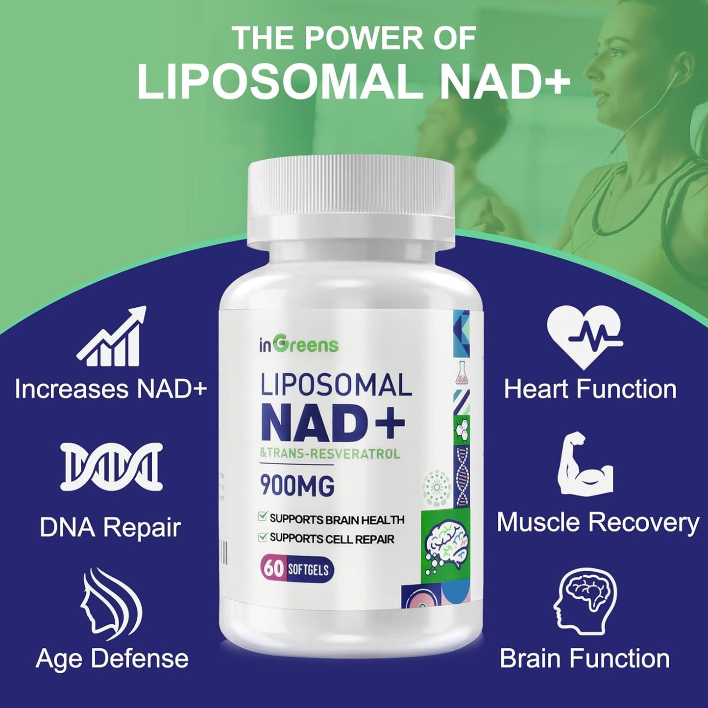 900mg Liposomal NAD+ Supplement with 300mg Trans Resveratrol - DNA Repair, Energy, Longevity - 60 Softgels