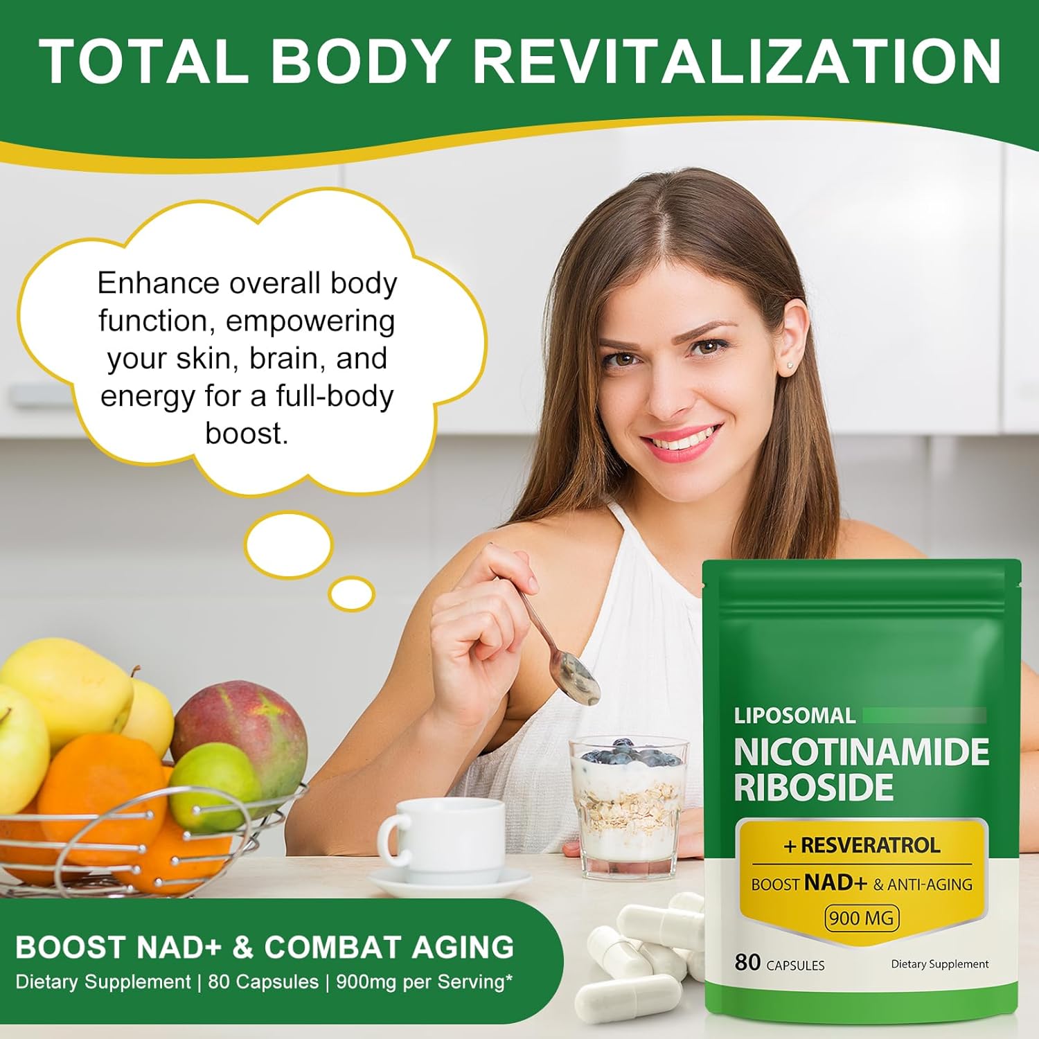 900mg Liposomal NAD Supplement with Resveratrol for Muscle, Brain, and Energy - 80 Capsules (Pack of 1) - Alternative to NMN Supplement for Men and Women