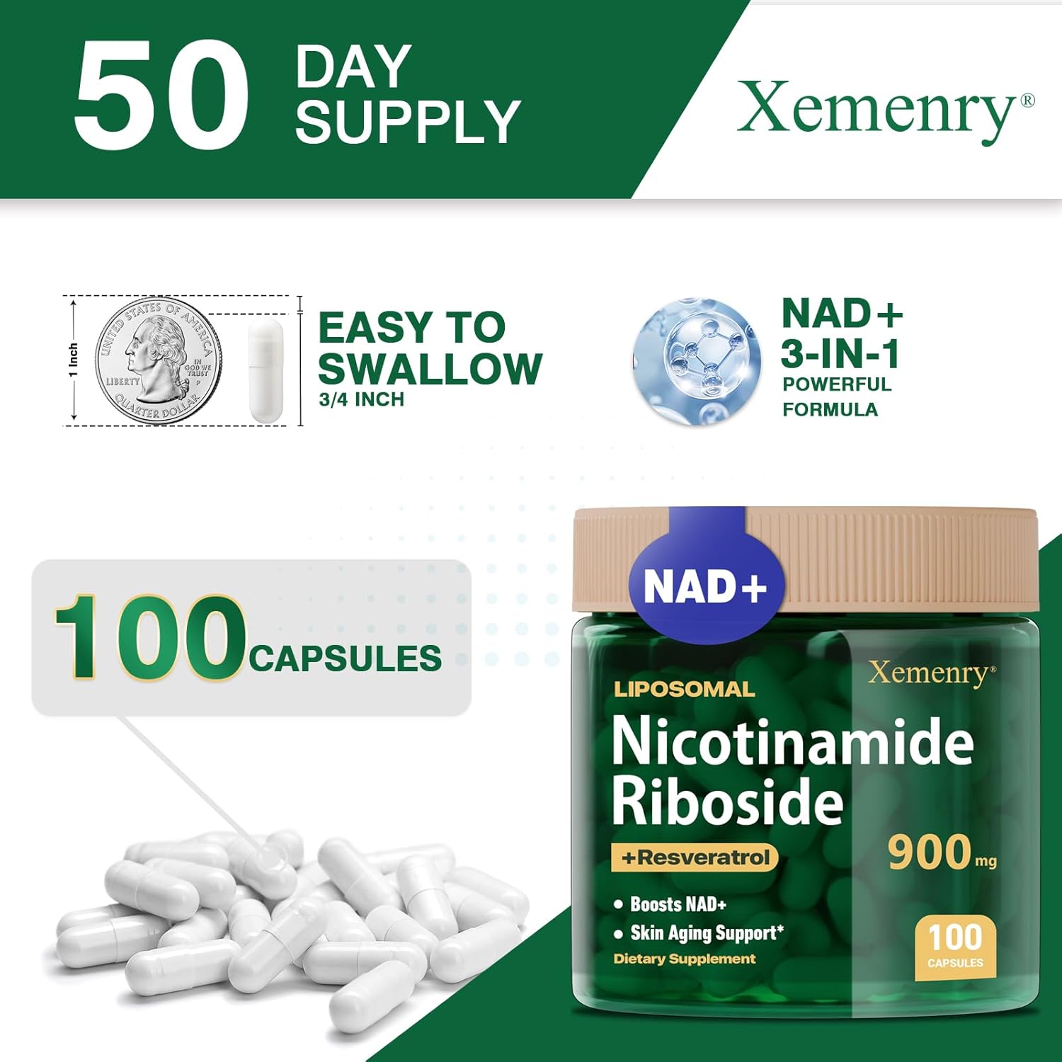 900mg Liposomal Nicotinamide Riboside for Anti-Aging, Energy & Focus - 100 Capsules, 50 Day Supply - NAD+ Supplement Alternative