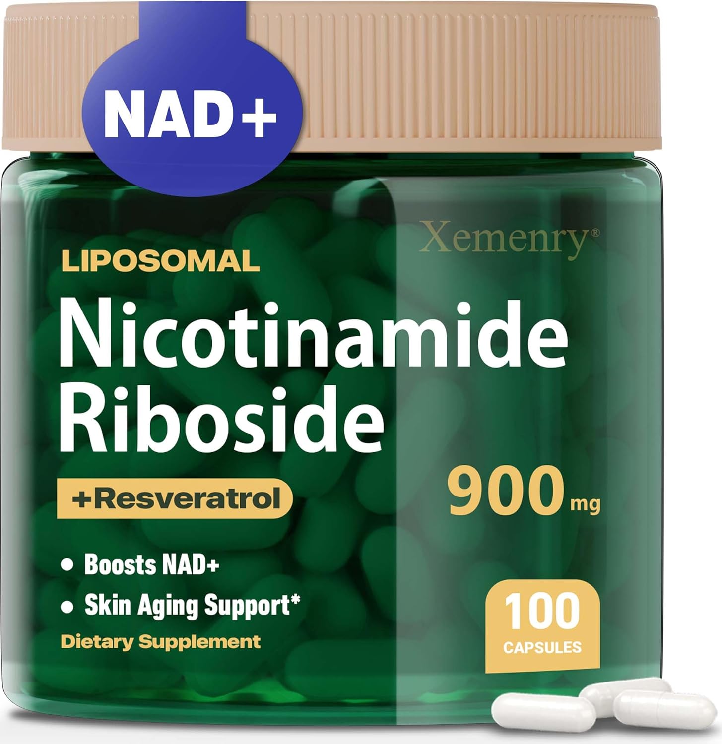 900mg Liposomal Nicotinamide Riboside NAD+ Supplement with Resveratrol & Quercetin - Anti-Aging, Energy, Focus - 100 Capsules, 50 Day Supply