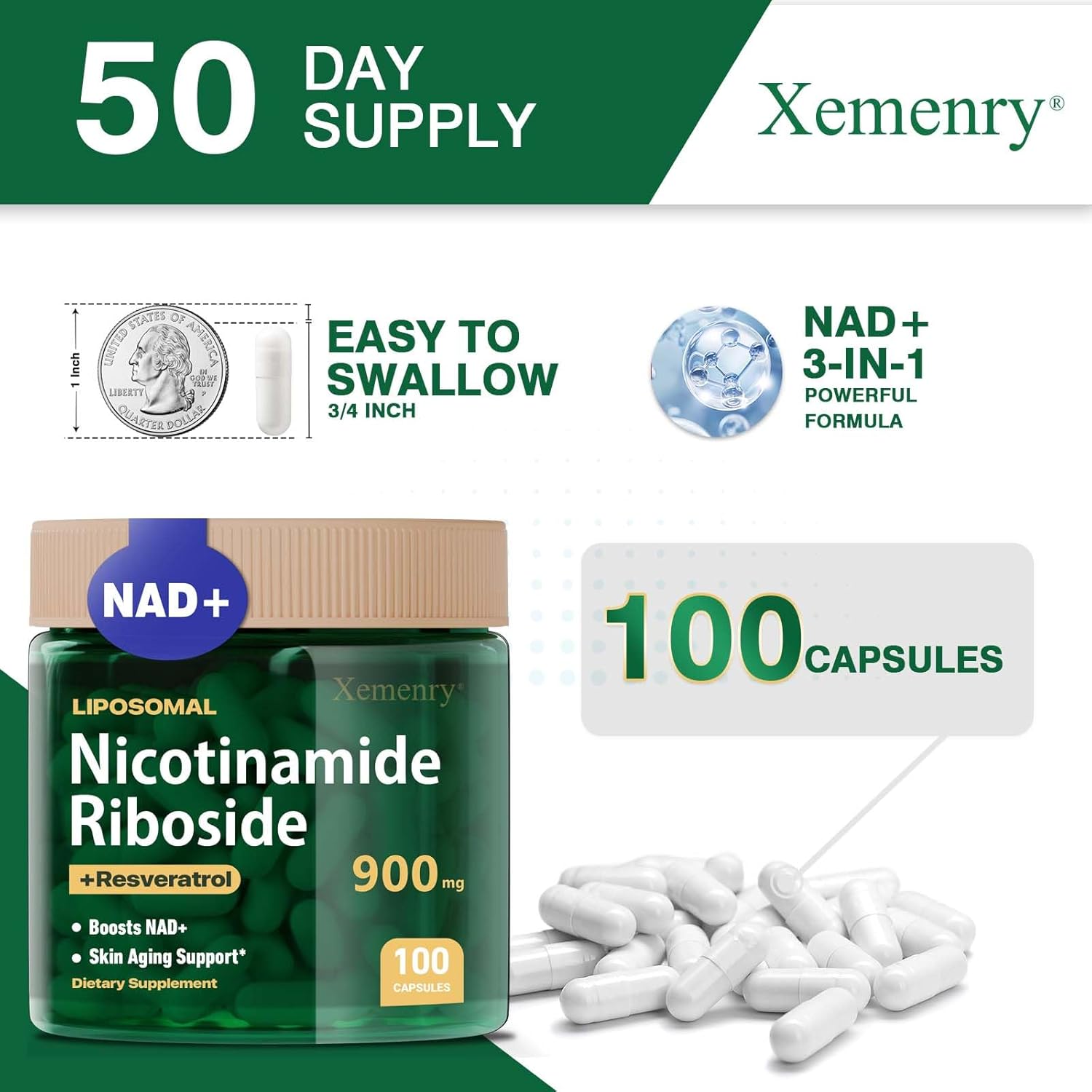 900mg Liposomal Nicotinamide Riboside NAD+ Supplement with Resveratrol & Quercetin - Anti-Aging, Energy, Focus - 100 Capsules, 50 Day Supply