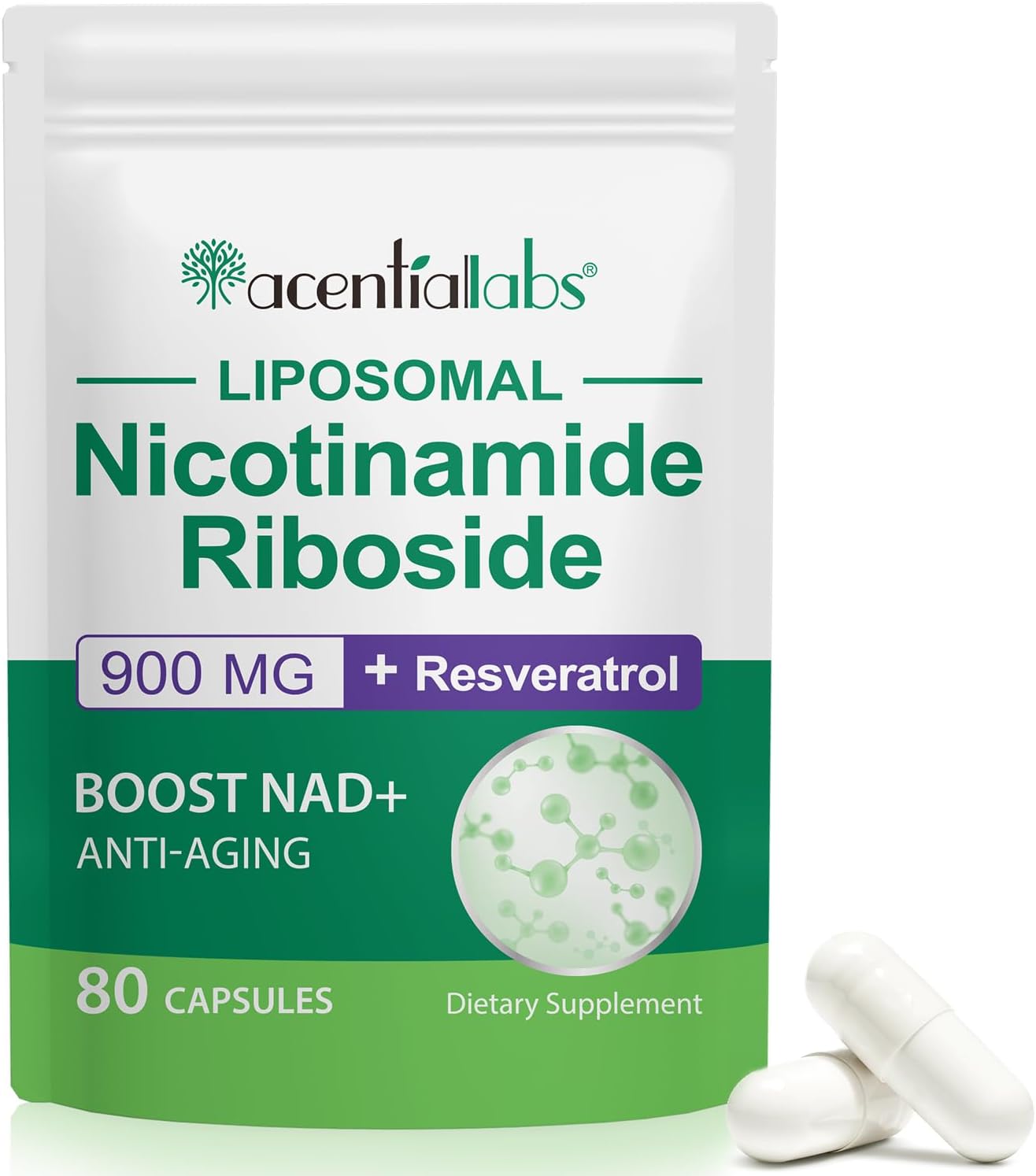 900mg NAD+ Nicotinamide Riboside Resveratrol Dietary Supplement - 80 Capsules for Healthy Cellular Function & Anti-Aging