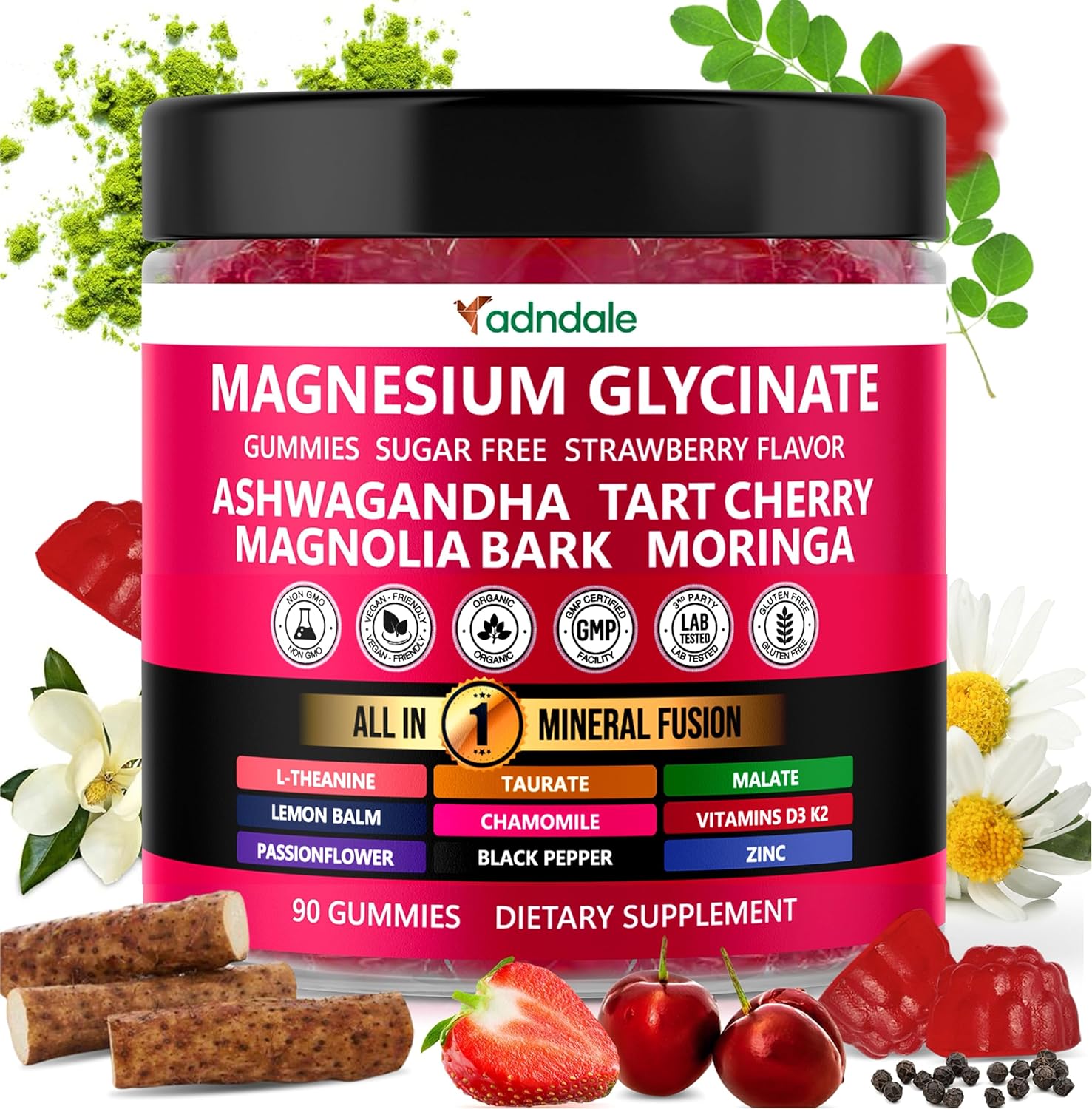 90ct 15-in-1 Magnesium Glycinate Gummies 400mg/serv with Ashwagandha, Tart Cherry, and More