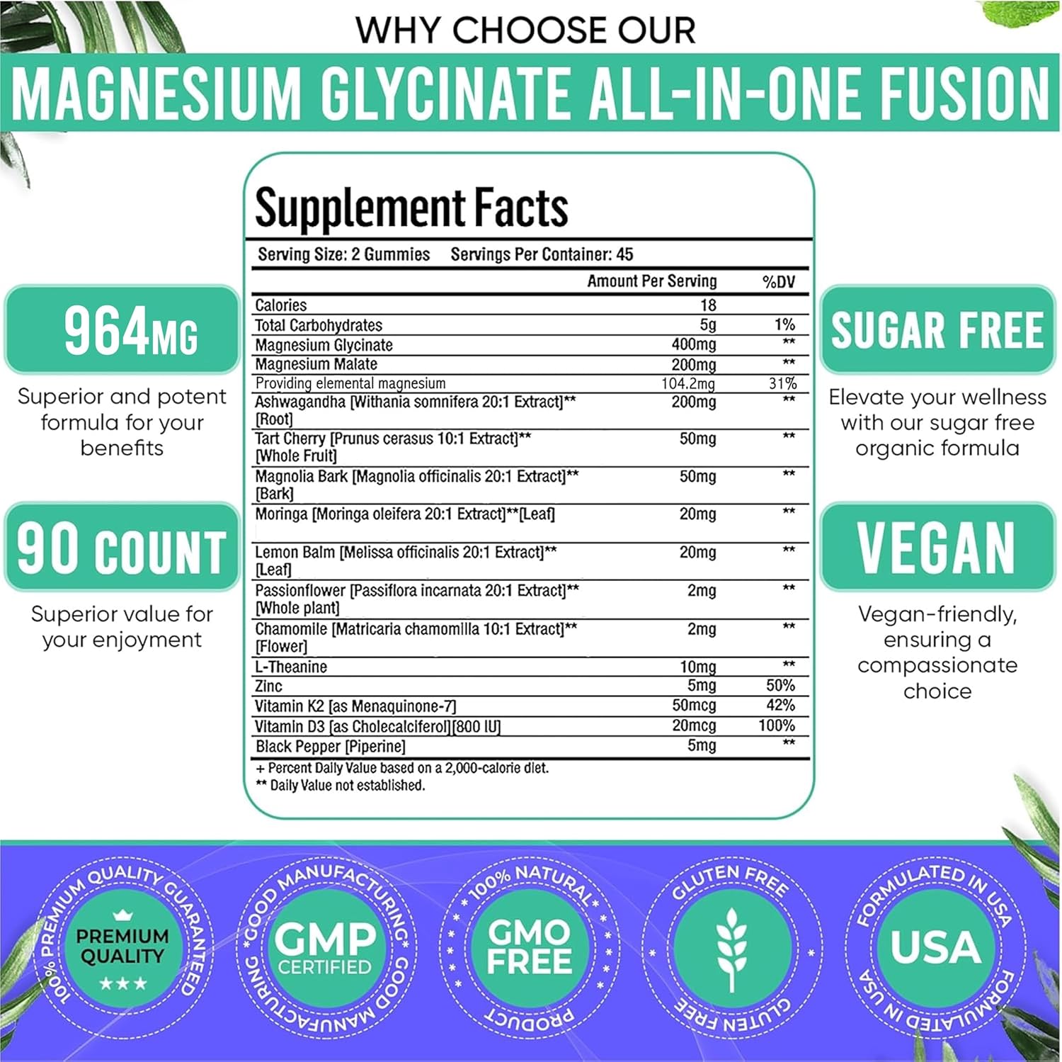 90ct 15-in-1 Magnesium Glycinate Gummies 400mg/serv with Ashwagandha, Tart Cherry, and More