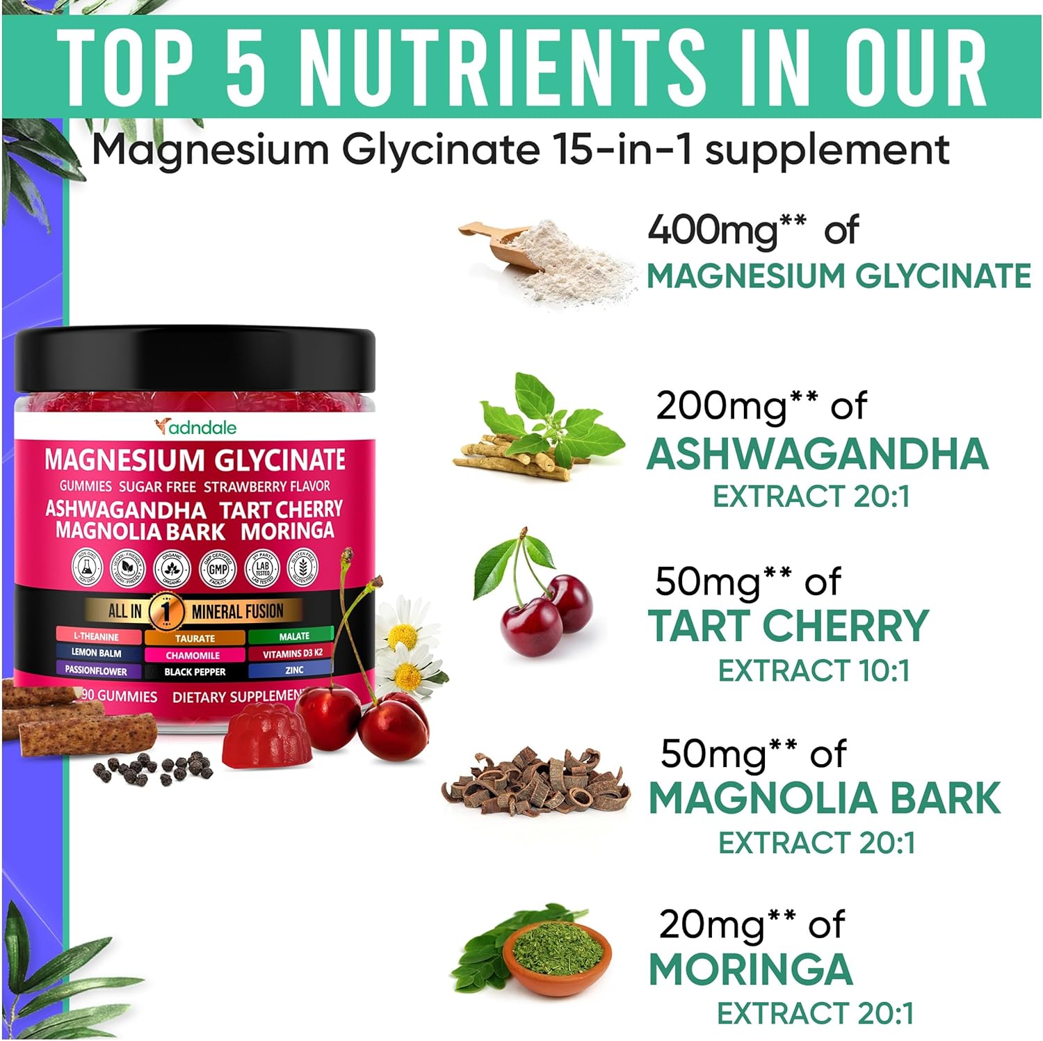 90ct 15-in-1 Magnesium Glycinate Gummies 400mg/serv with Ashwagandha, Tart Cherry, and More