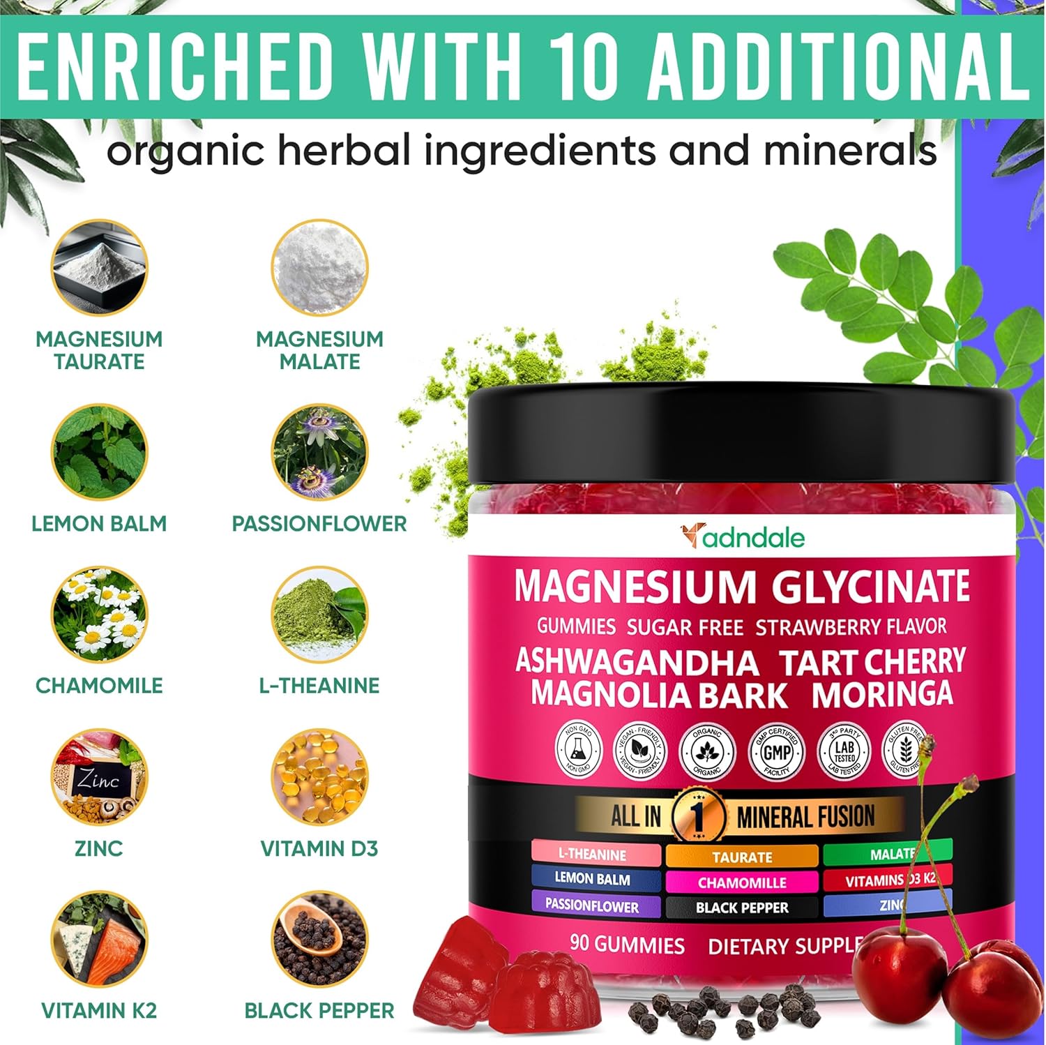 90ct 15-in-1 Magnesium Glycinate Gummies 400mg/serv with Ashwagandha, Tart Cherry, and More