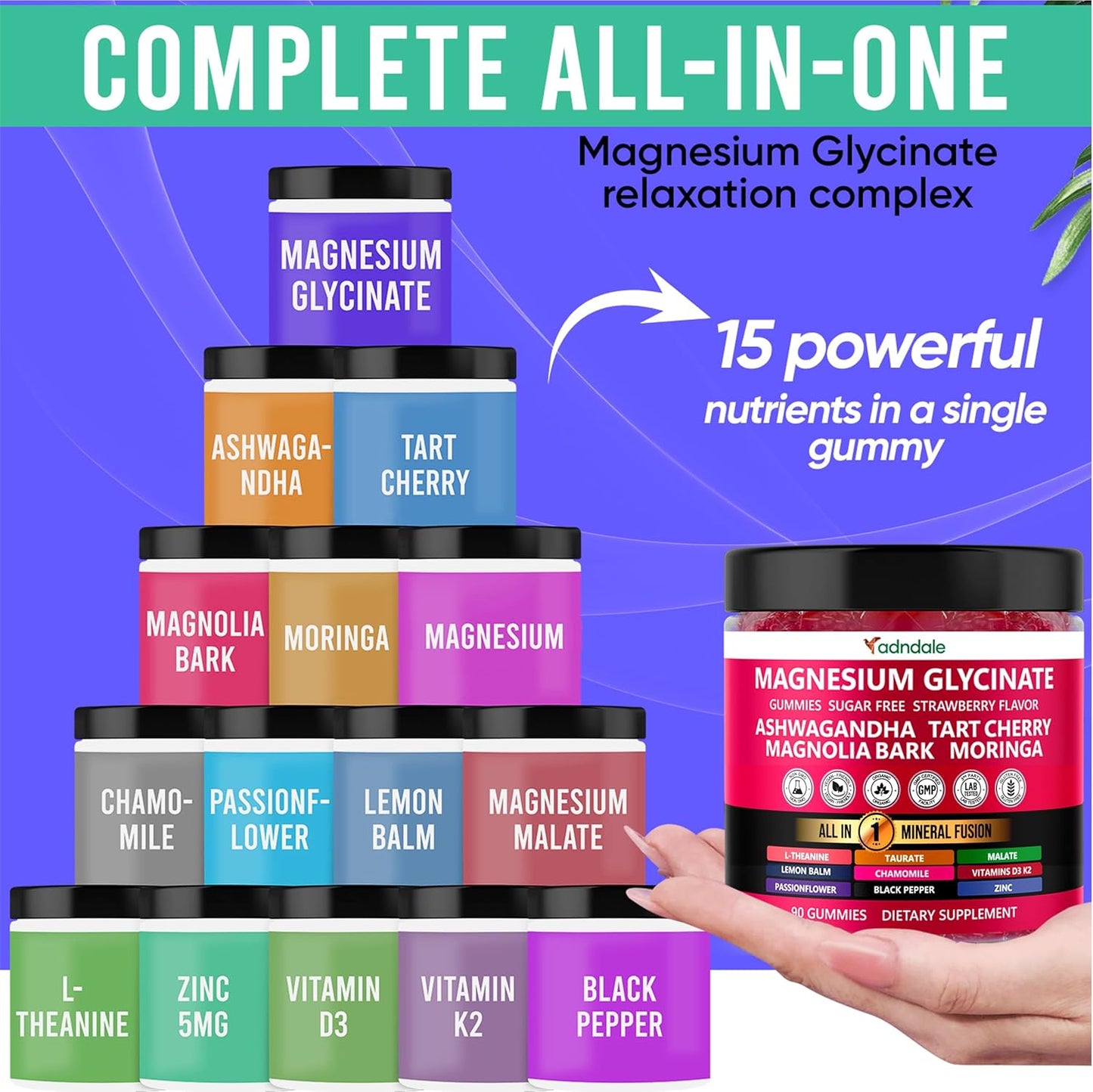 90ct 15-in-1 Magnesium Glycinate Gummies 400mg/serv with Ashwagandha, Tart Cherry, and More