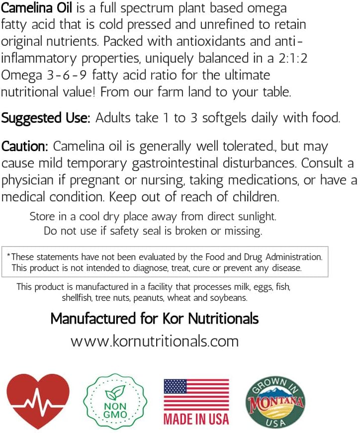 90ct Plant Based Camelina Oil Softgels with Omega 3, 6, 7, 9 for Advanced Nutrition