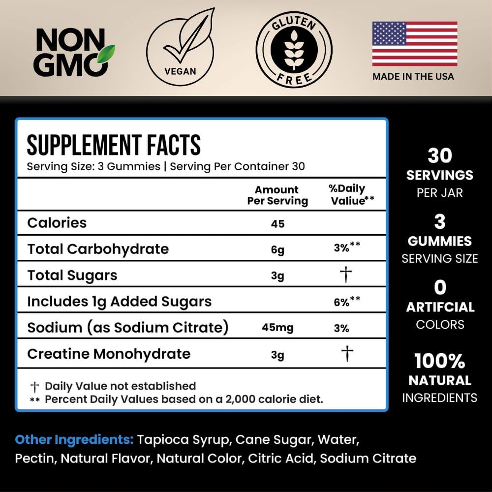 90g Creatine Infused Gummies - Vegan & Non-GMO, 1g Creatine Monohydrate Per Gummy, Made in USA - Muscle Building & Strength Boost for Men & Women