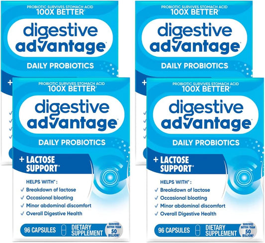 96 Count Digestive Advantage Lactose Defense Enzymes + Probiotics Capsules for Women & Men - Supports Immune System, Reduces Bloating & Abdominal Discomfort - 4 Pack