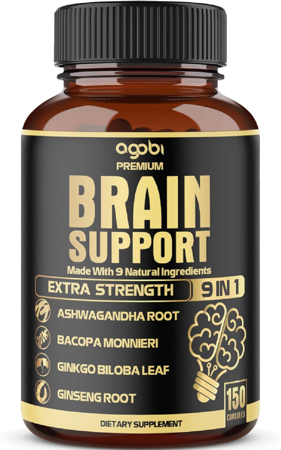 9in1 Brain Support Supplement - 5750 Mg Blend with Ashwagandha, Ginseng, Gotu Kola, Ginkgo Biloba, Black Pepper - Boosts Accuracy, Focus, Memory & Energy - 150 Capsules, 5 Month Supply
