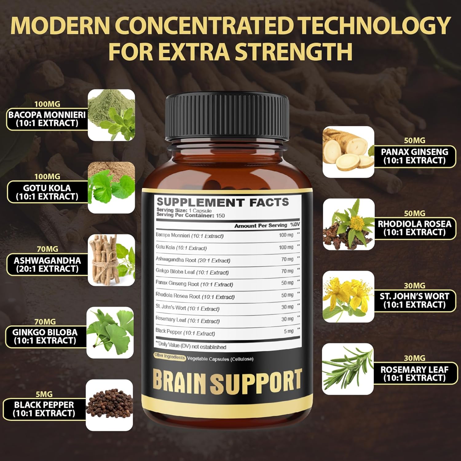 9in1 Brain Support Supplement - 5750 Mg Blend with Ashwagandha, Ginseng, Gotu Kola, Ginkgo Biloba, Black Pepper - Boosts Accuracy, Focus, Memory & Energy - 150 Capsules, 5 Month Supply