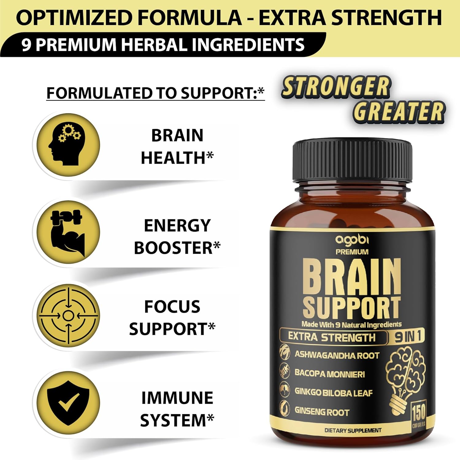 9in1 Brain Support Supplement - 5750 Mg Blend with Ashwagandha, Ginseng, Gotu Kola, Ginkgo Biloba, Black Pepper - Boosts Accuracy, Focus, Memory & Energy - 150 Capsules, 5 Month Supply