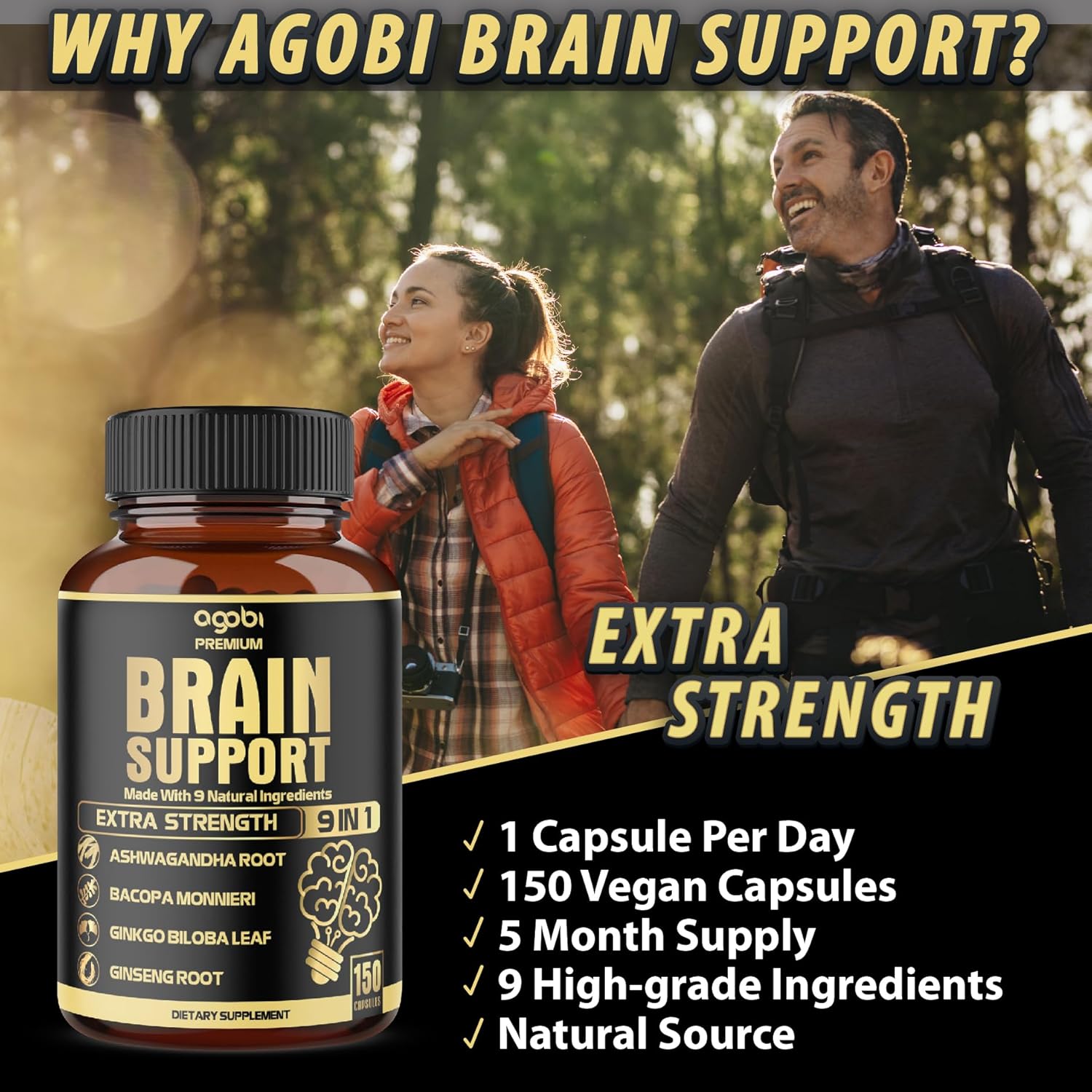 9in1 Brain Support Supplement - 5750 Mg Blend with Ashwagandha, Ginseng, Gotu Kola, Ginkgo Biloba, Black Pepper - Boosts Accuracy, Focus, Memory & Energy - 150 Capsules, 5 Month Supply