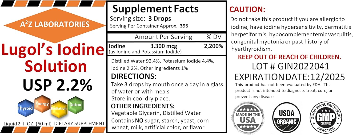 A2Z Organic Lugol's Iodine and Potassium Iodide Solution for Thyroid Support - Liquid Supplement Drops for Metabolism Health - 2 Fl Oz/USA Fast Shipping