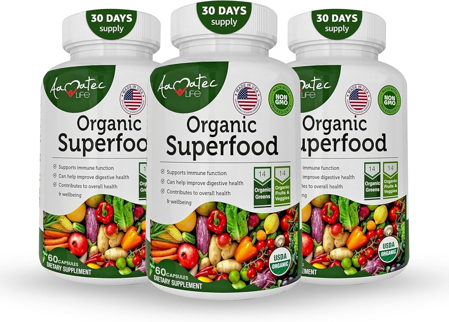 AAMATEC LIFE Organic Superfood Greens Fruits & Veggies Complex - Antioxidant-Rich Dietary Supplement (540 Capsules)