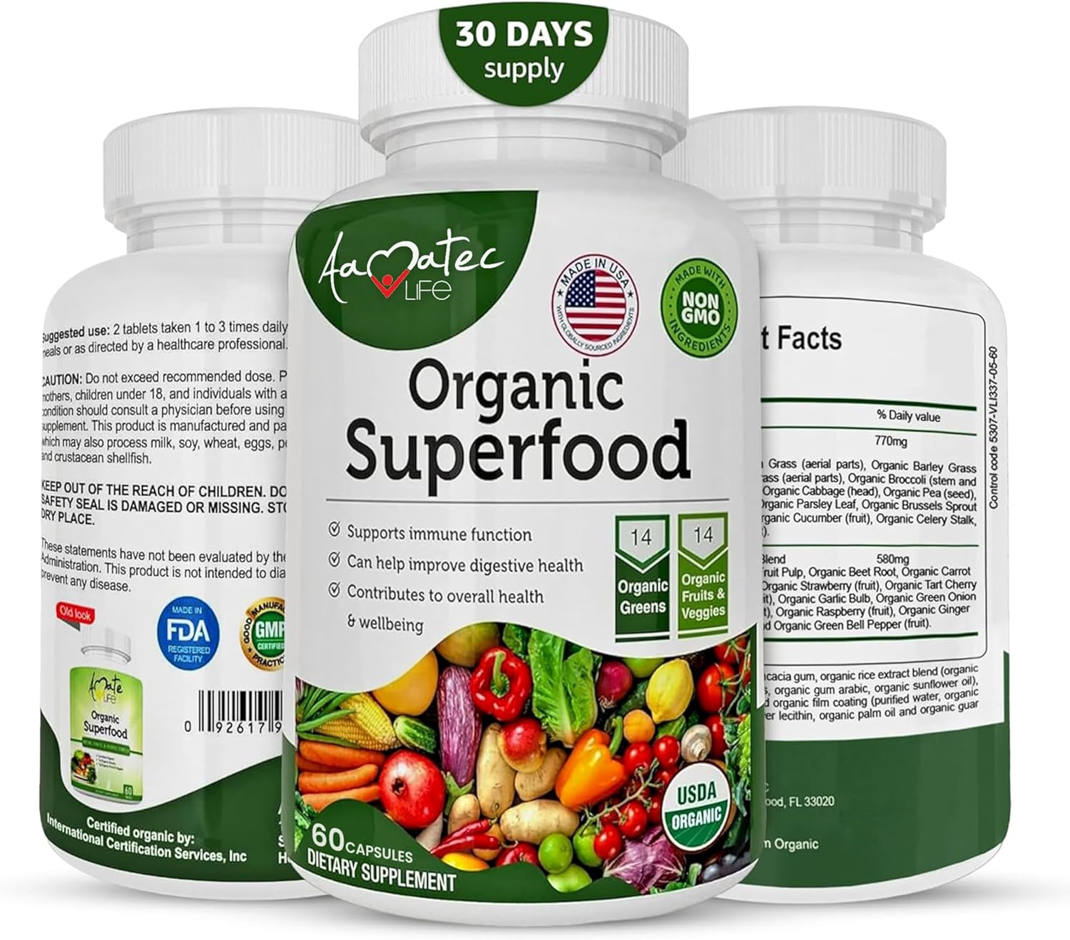 AAMATEC LIFE Organic Superfood Greens Fruits & Veggies Complex - Antioxidant-Rich Dietary Supplement (540 Capsules)