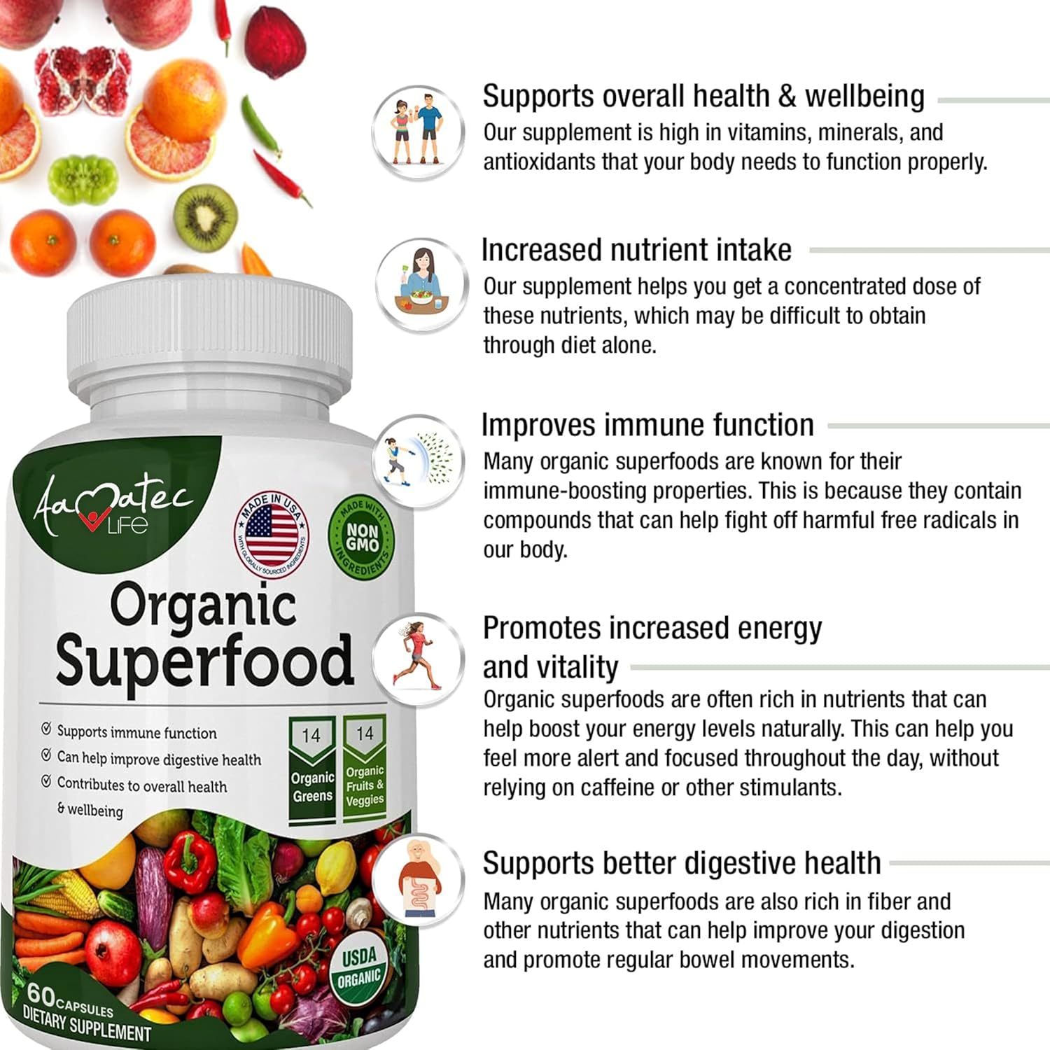 AAMATEC LIFE Organic Superfood Greens Fruits & Veggies Complex - Antioxidant-Rich Dietary Supplement (540 Capsules)