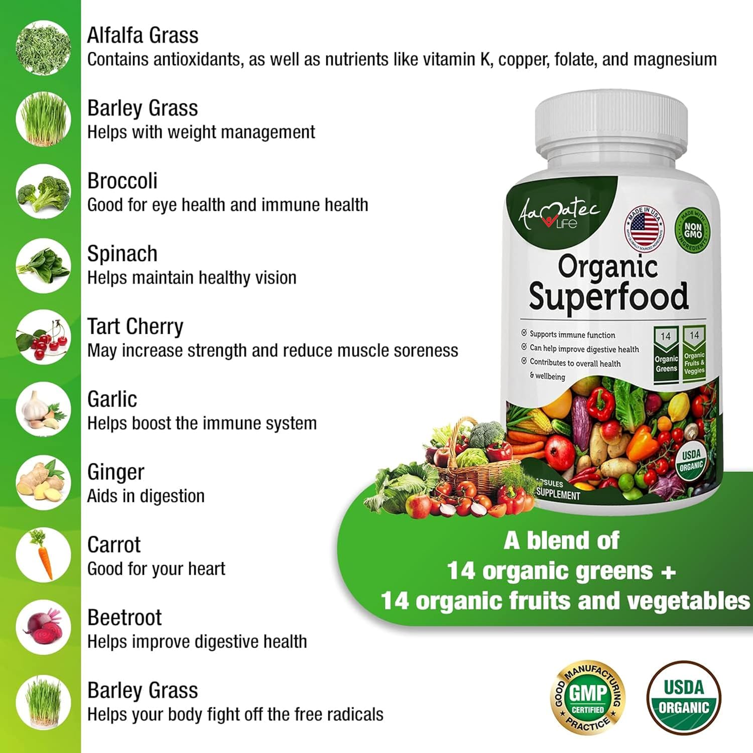 AAMATEC LIFE Organic Superfood Greens Fruits & Veggies Complex - Antioxidant-Rich Dietary Supplement (540 Capsules)