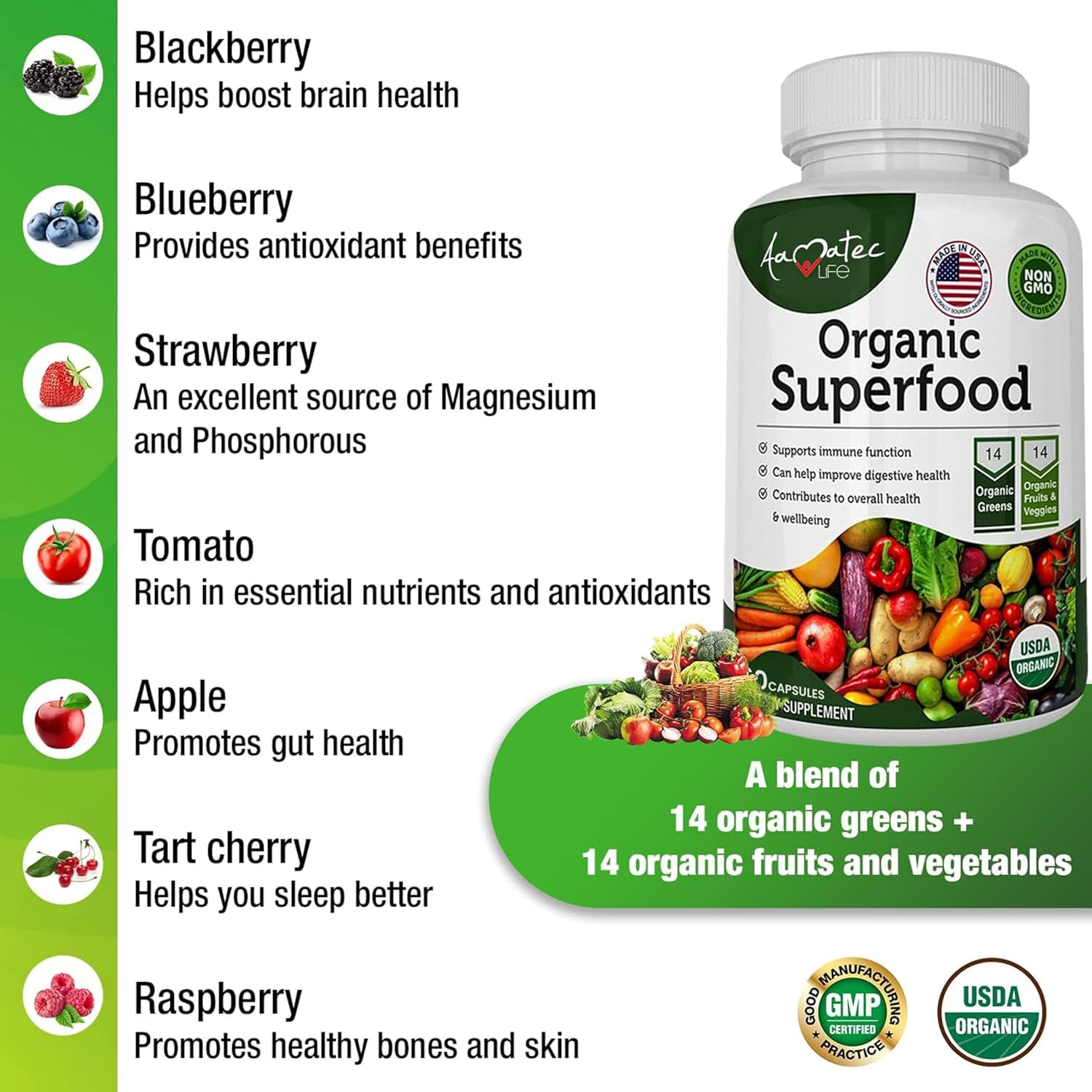 AAMATEC LIFE Organic Superfood Greens Fruits & Veggies Complex - Antioxidant-Rich Dietary Supplement (540 Capsules)