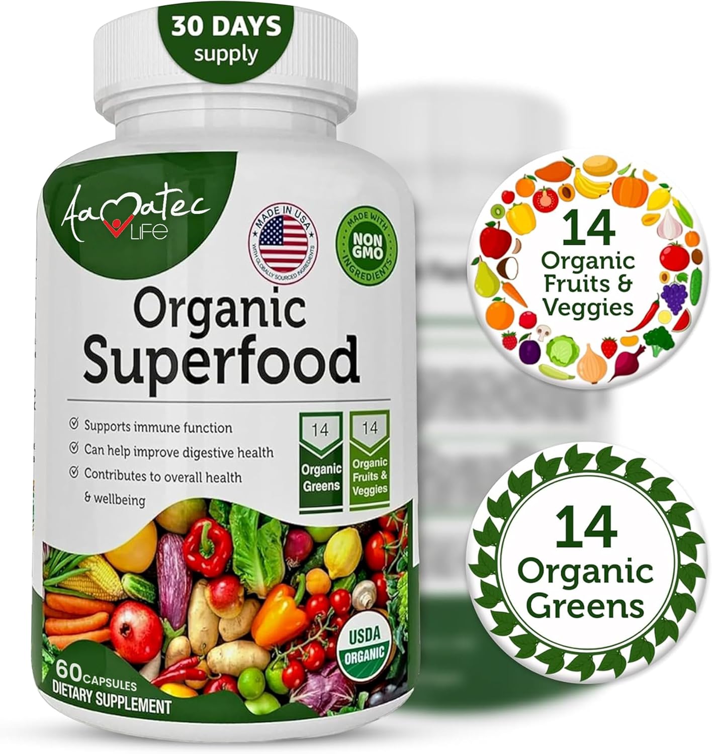 AAMATEC LIFE Organic Superfood Greens Fruits & Veggies Complex - Antioxidant-Rich Dietary Supplement (540 Capsules)