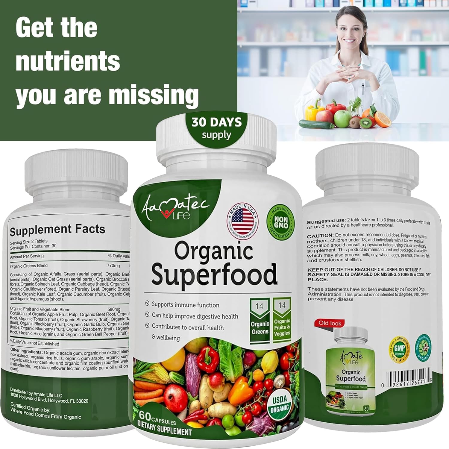 AAMATEC LIFE Organic Superfood Greens Fruits & Veggies Complex - Antioxidant-Rich Dietary Supplement (540 Capsules)