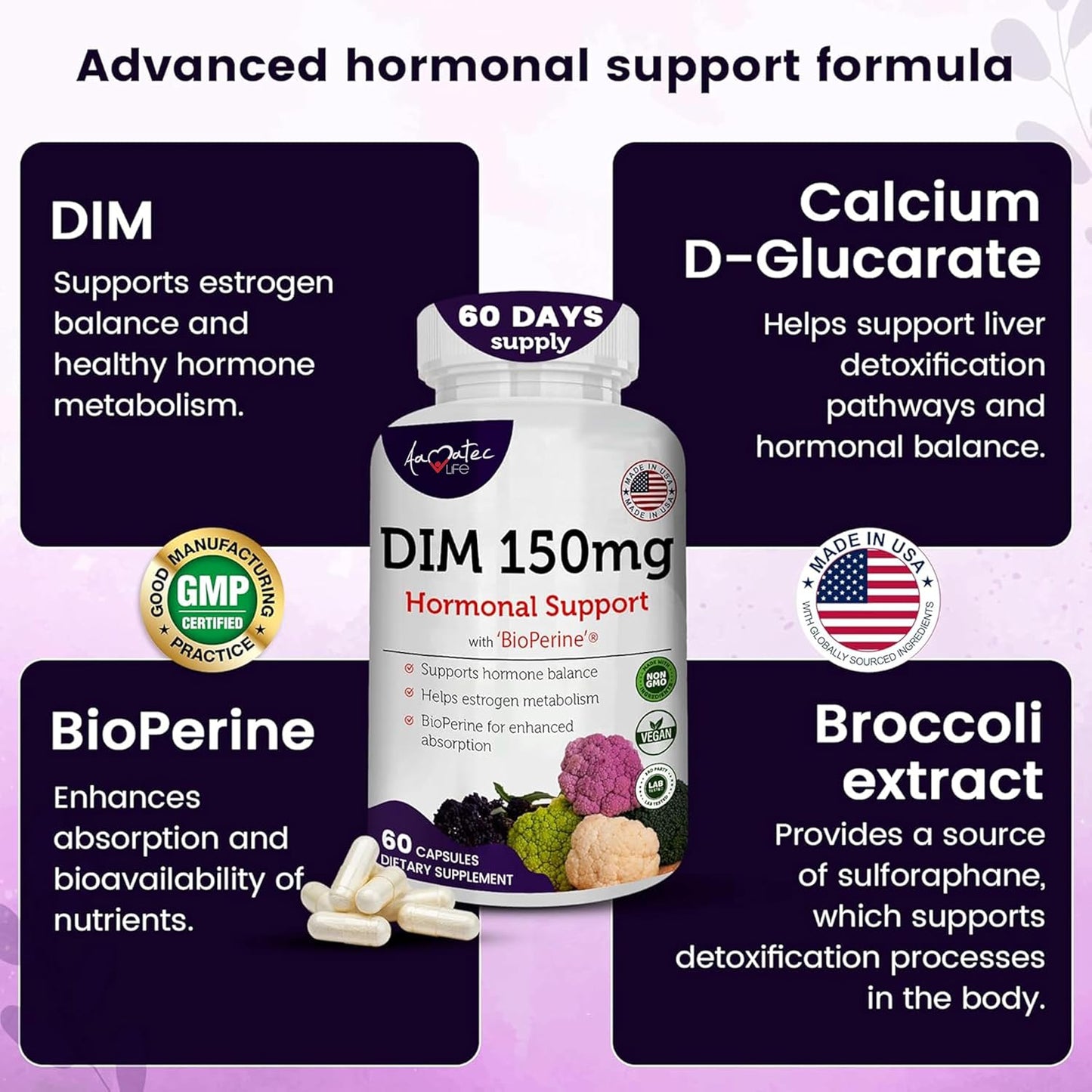 AAMATEC LIFE Women’s DIM Complex 150mg with Bioperine for Menopause Relief - Hormonal Acne Supplement - 60 Capsules USA Made