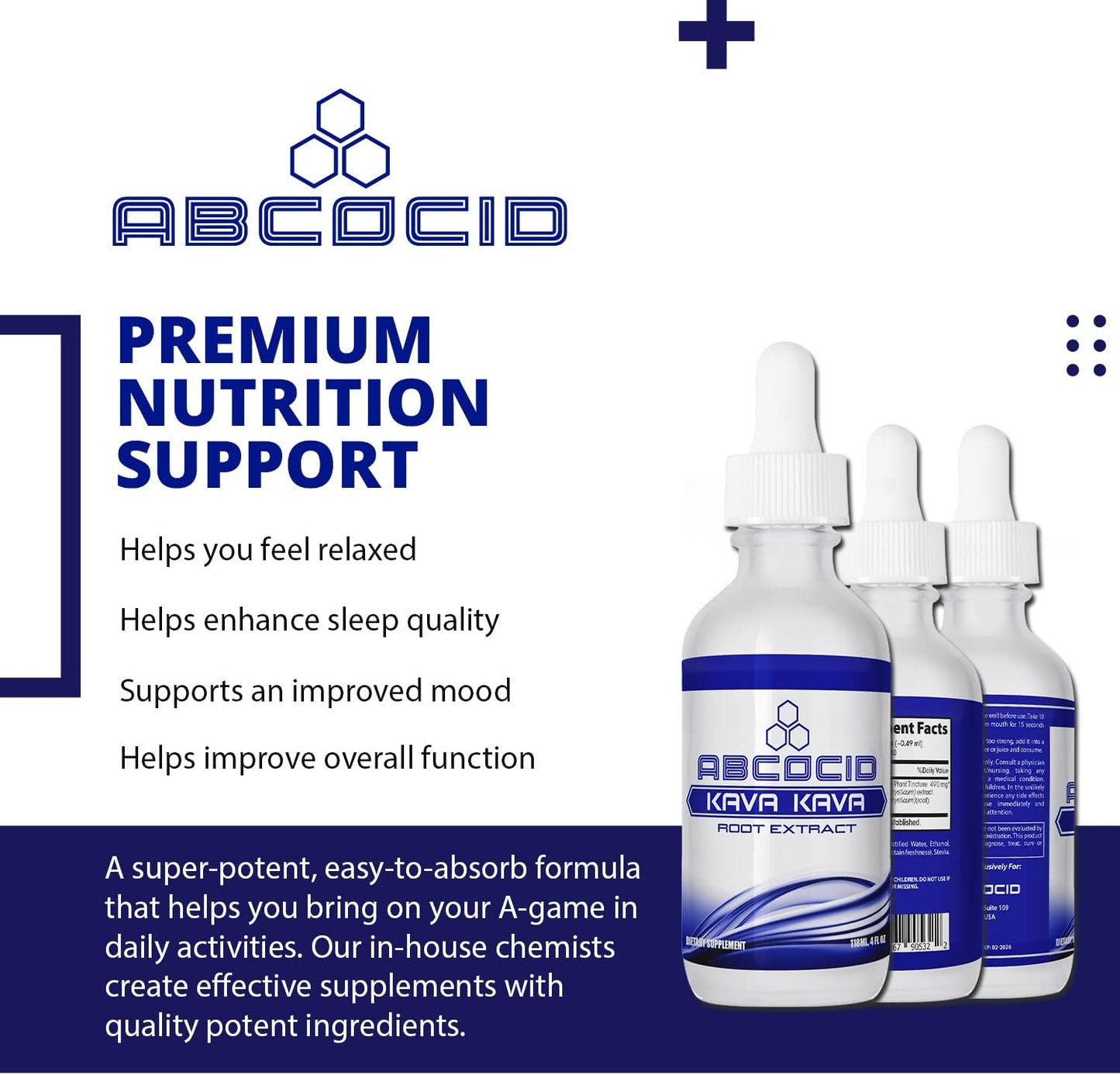 ABCOCID Kava Kava Root Extract Liquid - 490mg, 4oz, 240 Servings - USA Made, Fast Absorption, Potent Ingredients, Third-Party Tested, Non-GMO, GMP Certified, Cruelty-Free