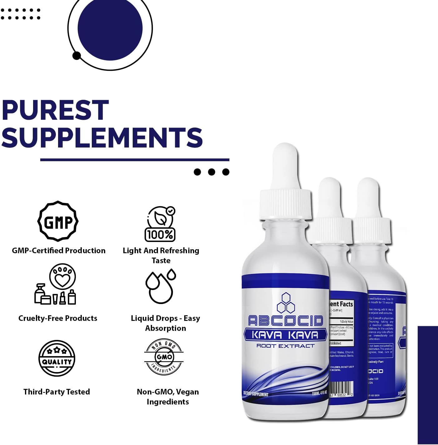 ABCOCID Kava Kava Root Extract Liquid - 490mg, 4oz, 240 Servings - USA Made, Fast Absorption, Potent Ingredients, Third-Party Tested, Non-GMO, GMP Certified, Cruelty-Free