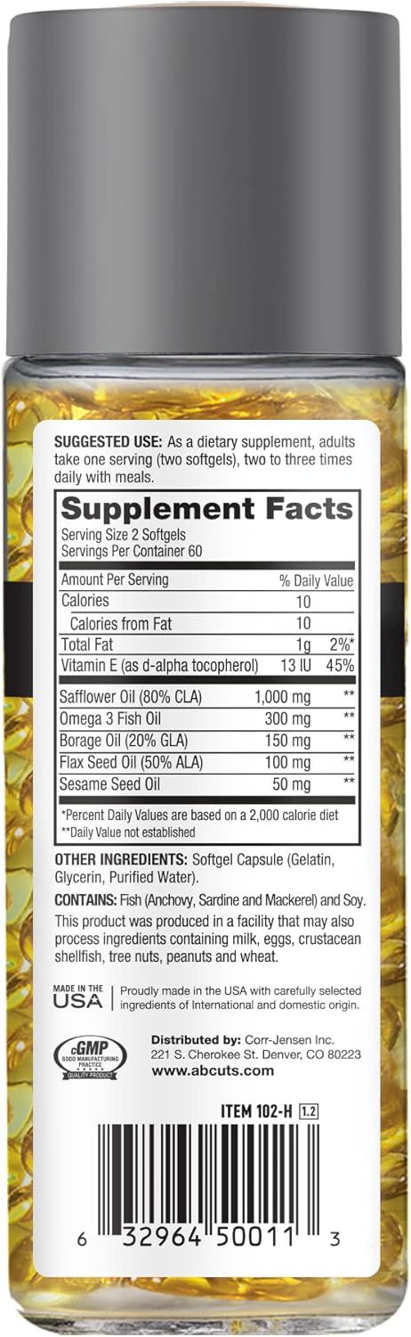 AbCuts CLA Belly Fat Formula - 120 Softgels with Omega 3 Fish Oil, Flaxseed Oil, and Vitamin E for Healthy Body Composition and Antioxidant Support